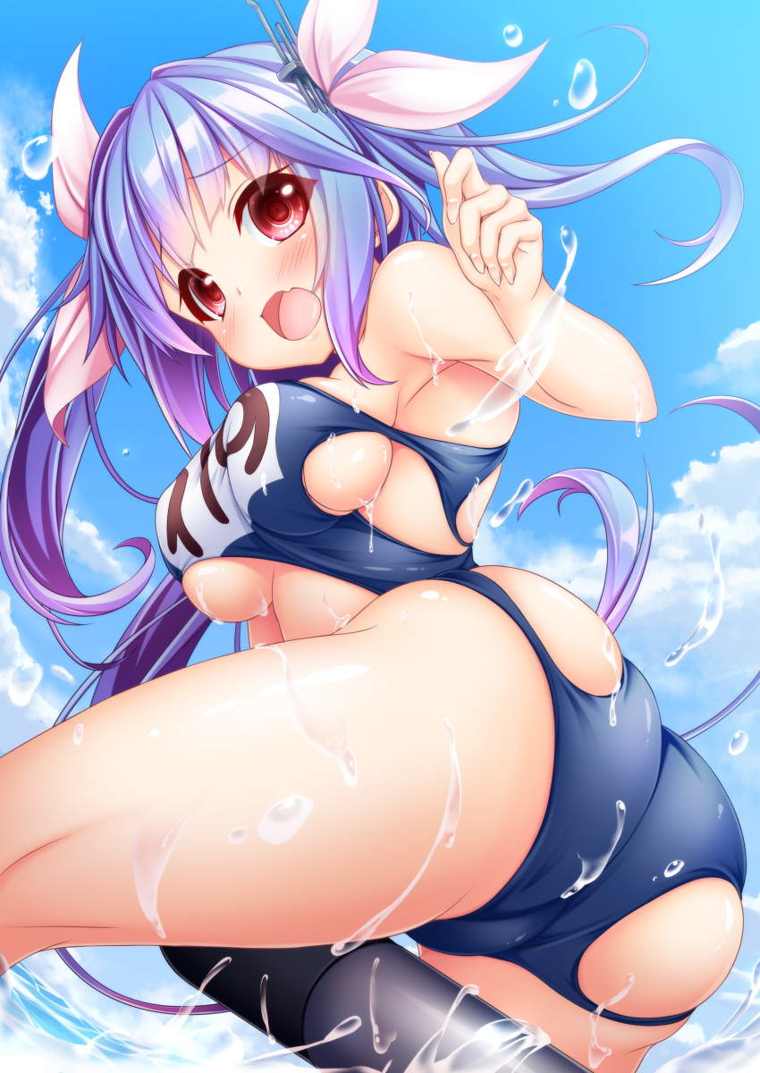 absurdres ass bare_shoulders blue_hair blue_sky breasts cloud cute_fang day female from_behind hair_ribbon i-19_(kantai_collection) kantai_collection large_breasts long_hair looking_at_viewer looking_back name_tag ocean one-piece_swimsuit open_mouth outdoors red_eyes ribbon school_swimsuit sky solo straddling swimsuit tied_hair torn_clothes torn_swimsuit torpedo twintails wakagi_repa water wet