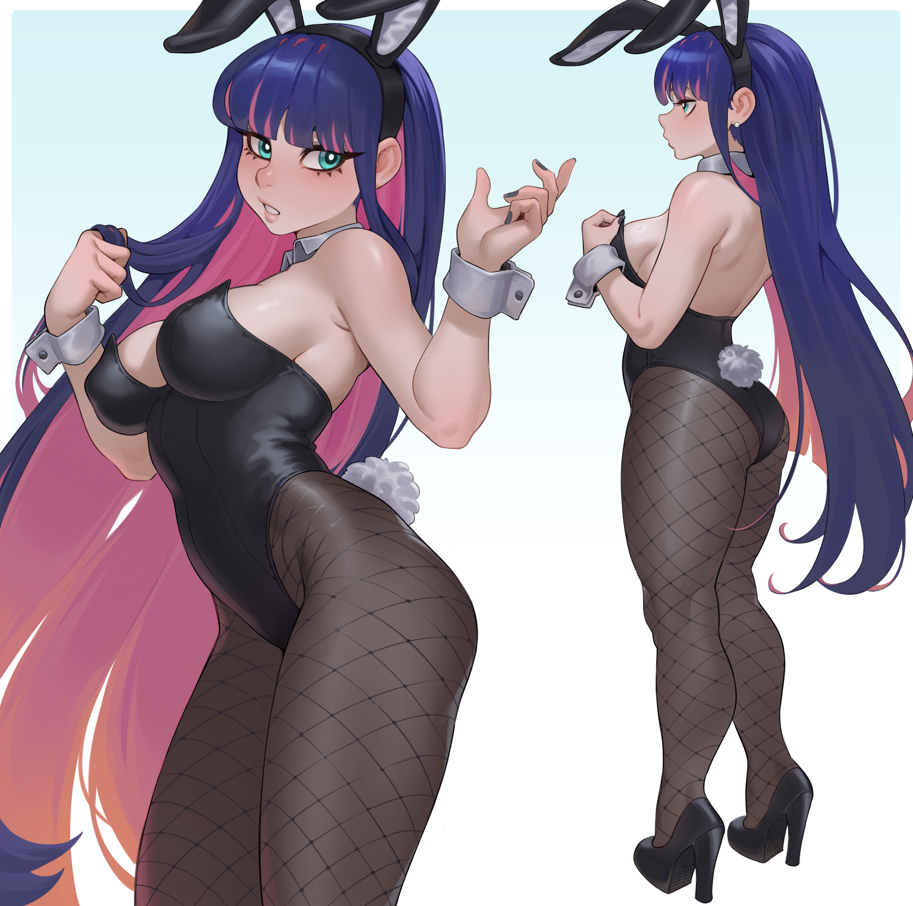1girls, animal ears, aqua eyes, ass, back, bare shoulders, black bunnysuit, black nails, black pantyhose, black shoes, blue eyes, blunt bangs, blush, breasts, bunny ears, bunny girl, bunny tail, bunnysuit, cheshirrr, commentary, detached collar, earrings, english commentary, fake animal ears, female, female only, fishnet pantyhose, fishnets, high heels, highres, jewelry, large breasts, leotard, long hair, looking at viewer, mixed-language commentary, multicolored hair, multiple views, nail polish, painted nails, panty & stocking with garterbelt, pantyhose, parted lips, pink hair, purple hair, rabbit ears, rabbit tail, shoes, sideboob, stocking anarchy, tail, two-tone hair, very long hair, wrist cuffs