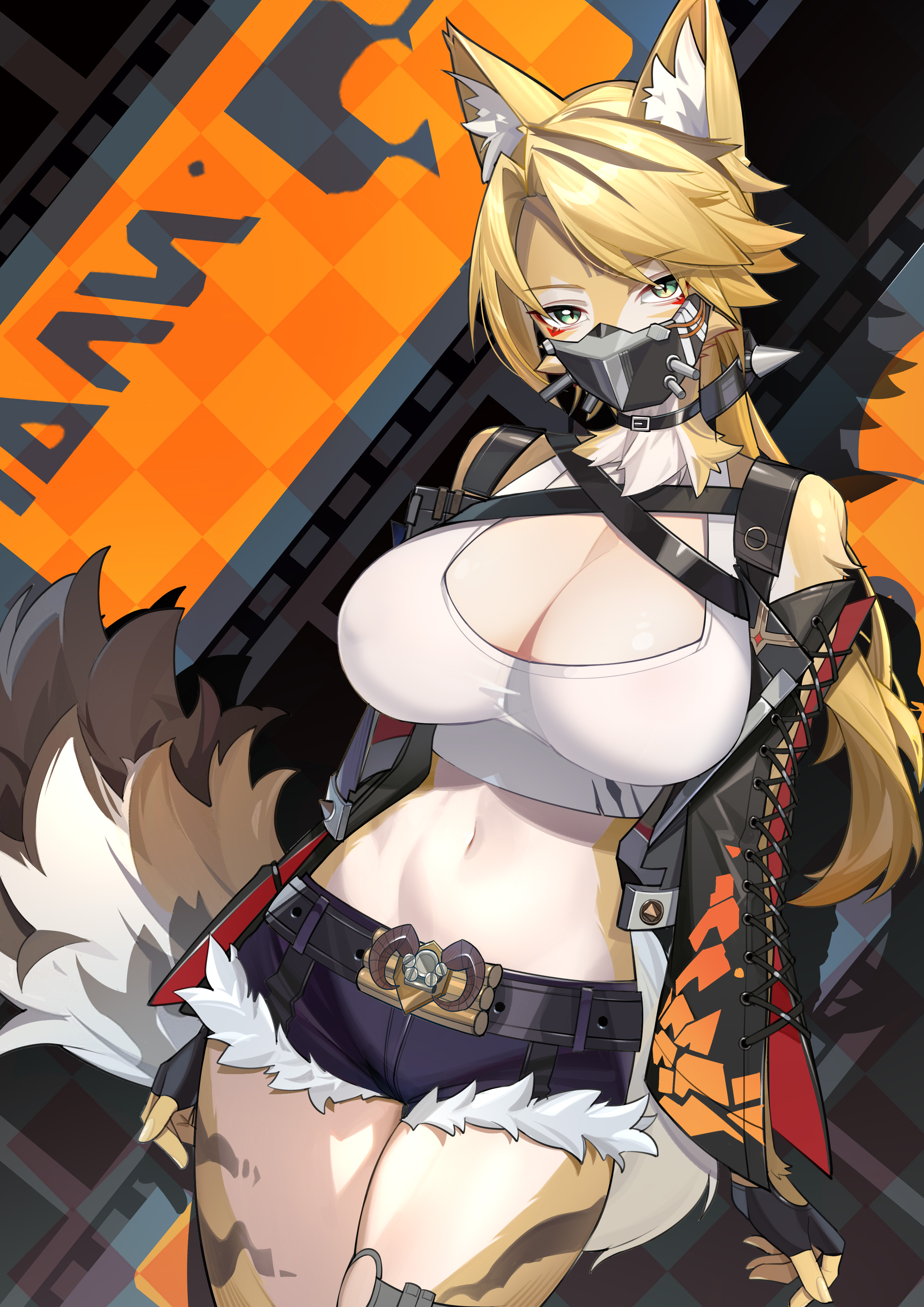 1girls, absurdres, animal ear fluff, animal ears, belt, belt collar, black belt, black gloves, black jacket, black shorts, blonde hair, breasts, cleavage, clothing cutout, collar, crop top, female, female only, fingerless gloves, gloves, green eyes, highres, jacket, jaguar ears, jaguar girl, jaguar tail, large breasts, long hair, looking at viewer, mask, missing commentary, mouth mask, navel, pulchra fellini, shirt, shorts, shoulder cutout, solo, stomach, tail, white shirt, yueyueyue yao, zenless zone zero