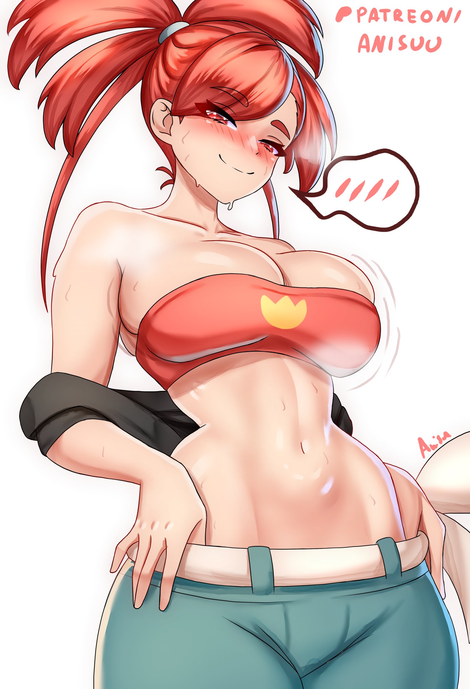 1girls, anisdrawn, babydoll t-shirt, bandeau, belt, big breasts, black shirt, blush, breasts, cleavage, collarbone, crop top, cropped shirt, denim, female, female only, flannery (pokemon), game freak, hair tie, highres, jeans, long hair, looking at viewer, midriff, navel, nintendo, pants, pokemon, pokemon oras, ponytail, red bandeau, red eyes, red hair, shirt, smile, solo, split ponytail, white belt, wide ponytail