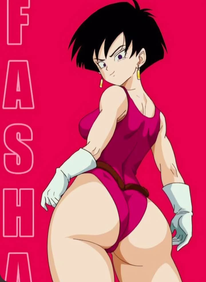 2025, anime, ass, black eyebrows, black eyes, black-haired female, booty, crunchyroll, dragon ball, dragon ball super, evil grin, evil smile, facebook, female, grinning at viewer, looking at viewer, looking back at viewer, meta, not ai generated, not porn, pink background, pink bodysuit, seripa, smile at viewer, smiling at viewer, unknown artist, white gloves, yellow earrings