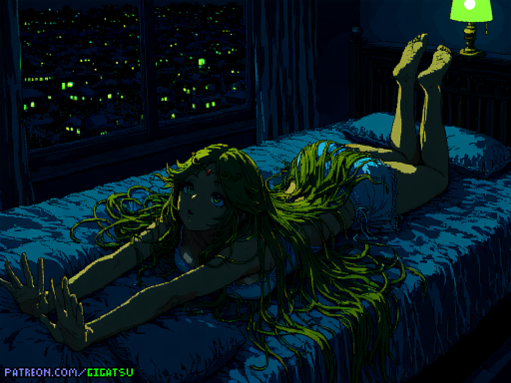 ai_generated barefoot dark_theme feet foot_fetish gigatsu green_hair kid_icarus lying lying_on_bed night nintendo palutena pixel_art sole_female soles toes