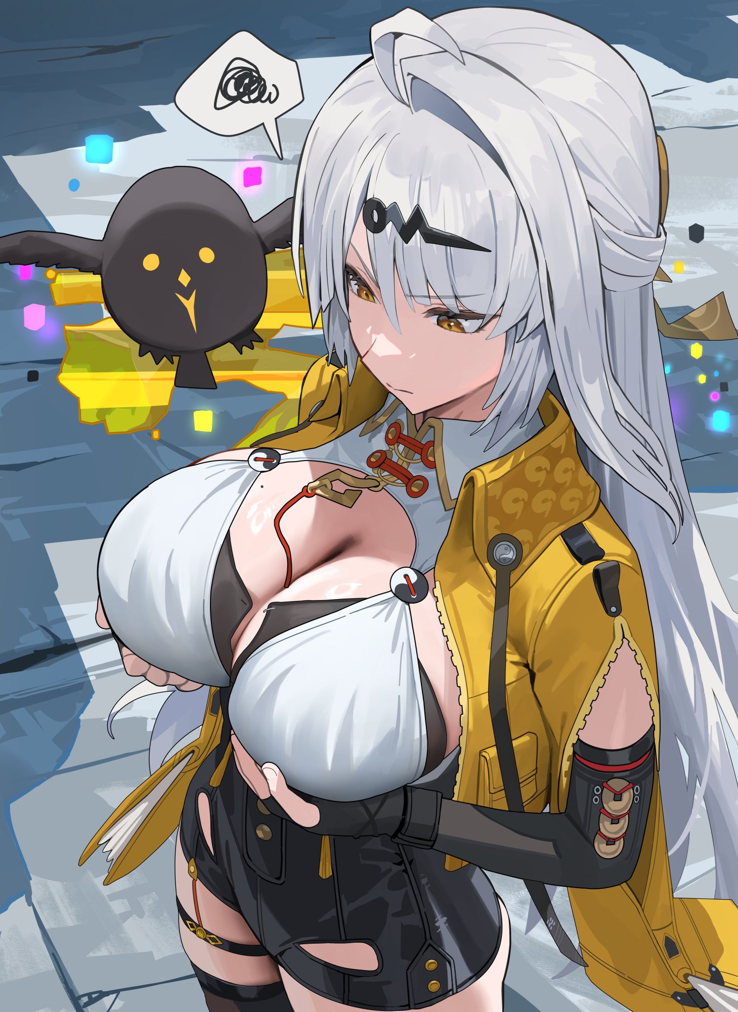 1girls, bird, black bird, black gloves, breasts, cleavage, closed mouth, commentary request, female, female only, fingerless gloves, from above, gloves, grabbing own breast, high-waist shorts, highres, hood (james x), hood x art, jacket, large breasts, long hair, looking down, mole, mole on breast, shorts, solo, spoken squiggle, squiggle, white hair, yellow eyes, yellow jacket, yin yang pin, yixuan (zenless zone zero), yunkui summit, zenless zone zero