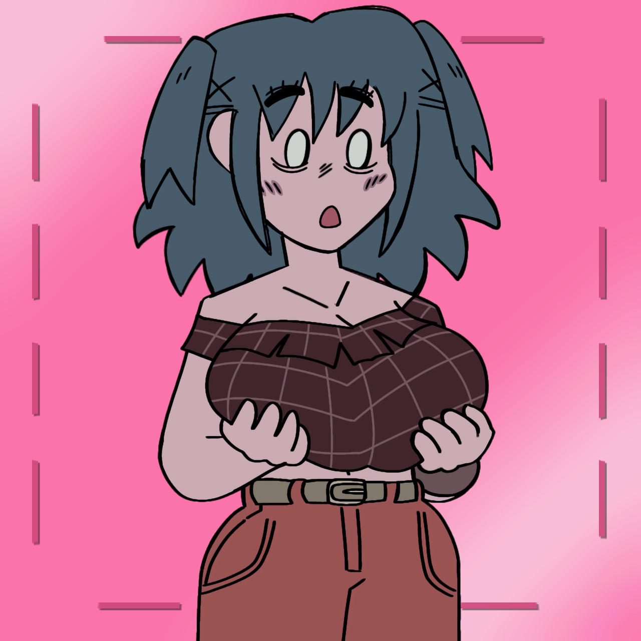 1girls, blue hair, breast expansion, breast growth, breast growth (enlargement), breasts, cloronoisats, female, grabbing own breast, lacey (lacey games), lacey games, lacey's wardrobe, large breasts, pink background, short hair, solo, solo female