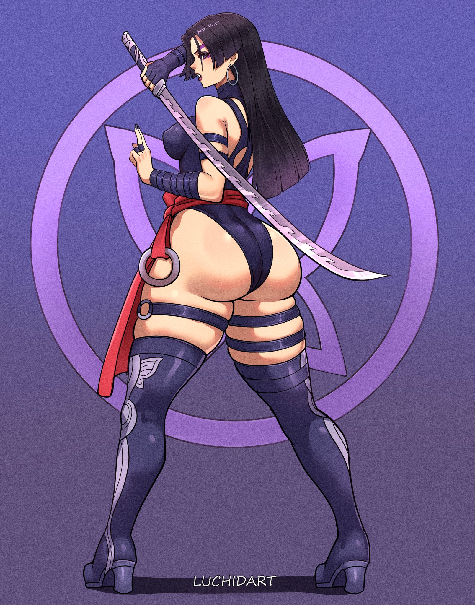 1girls, asian bimbo, asian female, ass, bare shoulders, breasts, clothed, clothed female, female, from behind, huge ass, large breasts, leotard, light skin, light-skinned female, long hair, looking at viewer, looking back, luchidart, marvel, marvel rivals, paag, pose, psylocke, psylocke (marvel rivals), psylocke (sai) (vengeance), purple eyes, purple hair, skindentation, solo female, sword, thick thighs, thighs, x-men