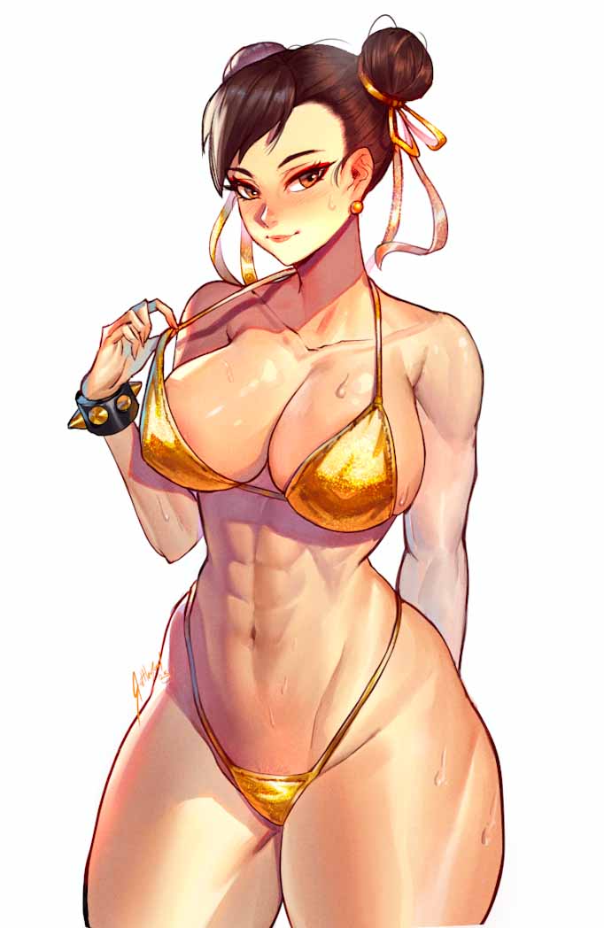abs bikini bra bracelet breasts brown_eyes brown_hair capcom chun-li earrings female gold_bikini jewelry large_breasts rattlepool spiked_bracelet spikes street_fighter sweat thong underwear