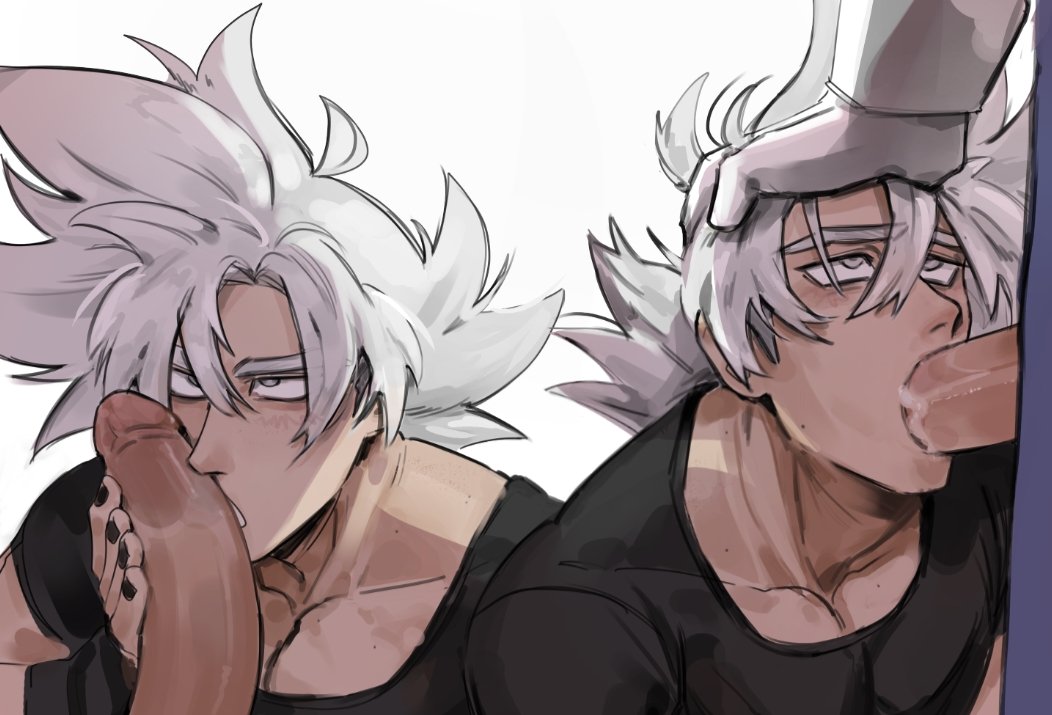 blowjob blowjob_face blowjob_only coffezitos cum cum_in_mouth cum_inside cumming cumming_in_mouth cumming_inside cumming_while_penetrating cumshot cumshot_in_mouth dragon_ball gay glove gloves goku gray_eyes gray_hair grey_eyes grey_hair hand_on_head hand_on_penis looking_at_partner looking_up male male/male male_only male_penetrated male_penetrating male_penetrating_male oral silver_eyes silver_hair son_goku sucking_off sucking_penis ultra_instinct yaoi