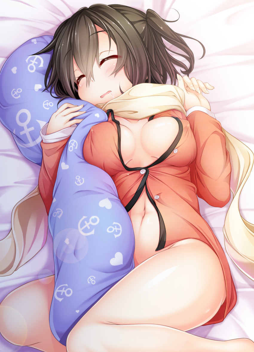 absurdres anchor_symbol blush breasts breasts_apart brown_hair closed_eyes drooling erect_nipples eyebrows eyebrows_visible_through_hair female hair_between_eyes heart kantai_collection lying medium_breasts navel no_bra no_panties on_back open_mouth pillow pillow_hug saliva scarf sendai_(kantai_collection) shiny shiny_skin side_ponytail sleeping solo wakagi_repa white_scarf