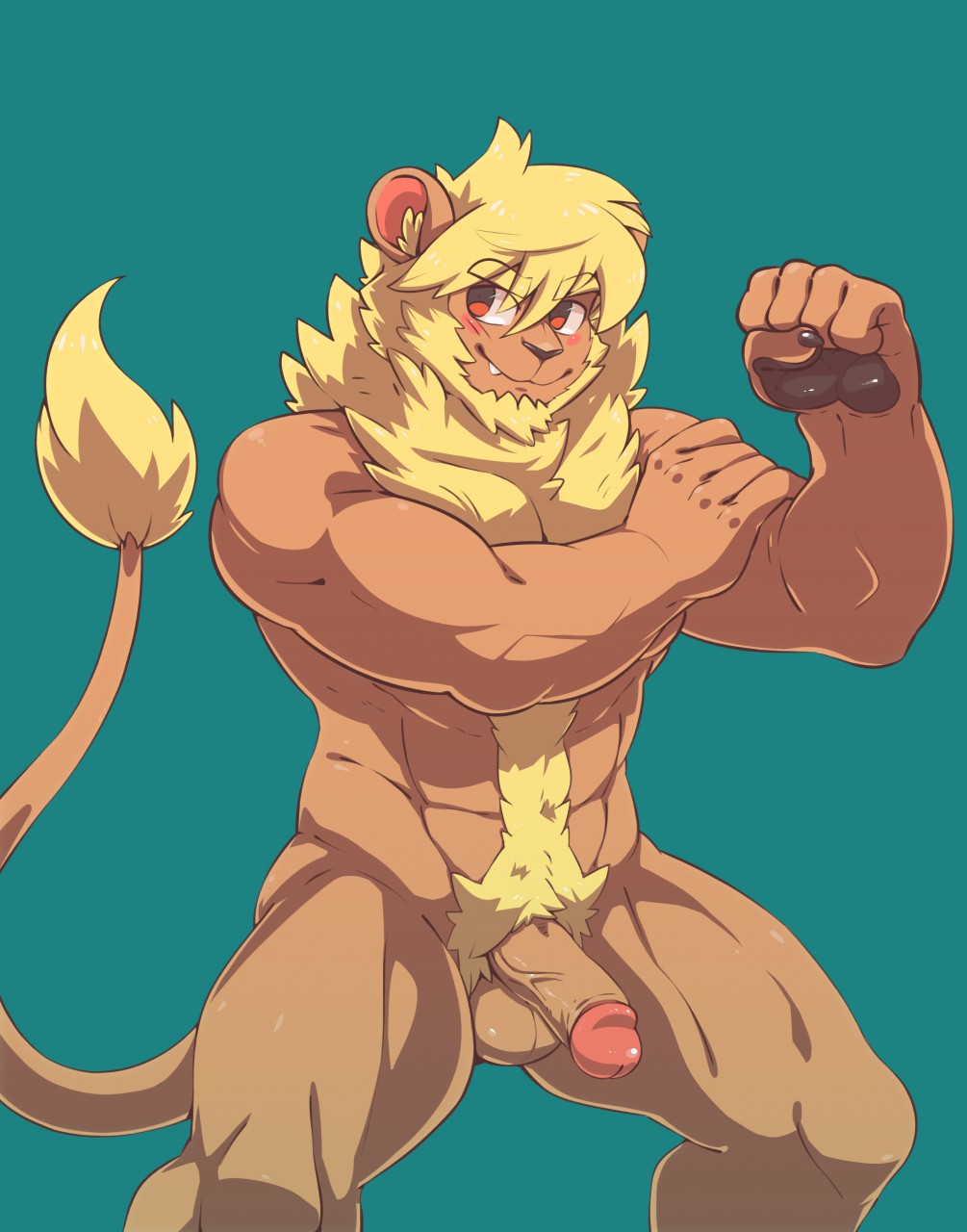 abs alternate_version_available balls blush body_hair cute_fangs erection feline flexing gazpacho_(artist) happy_trail jaryl_(character) lion looking_away male male_only mammal mane muscular nude penis pinup pose pubes retracted_foreskin solo standing uncut