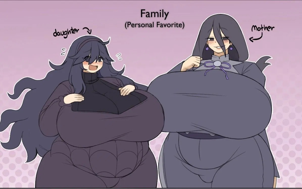 2girls, big breasts, blush, breasts, breasts bigger than head, chubby, chubby female, duo, female, fully clothed, game freak, hex maniac, hex maniac (pokemon legends: z-a), hex maniac (pokemon xy), huge breasts, mother and daughter, nintendo, no nude, no nudity, pokemon, pokemon legends: z-a, pokemon xy, stackydraws, thick, tight clothing, voluptuous