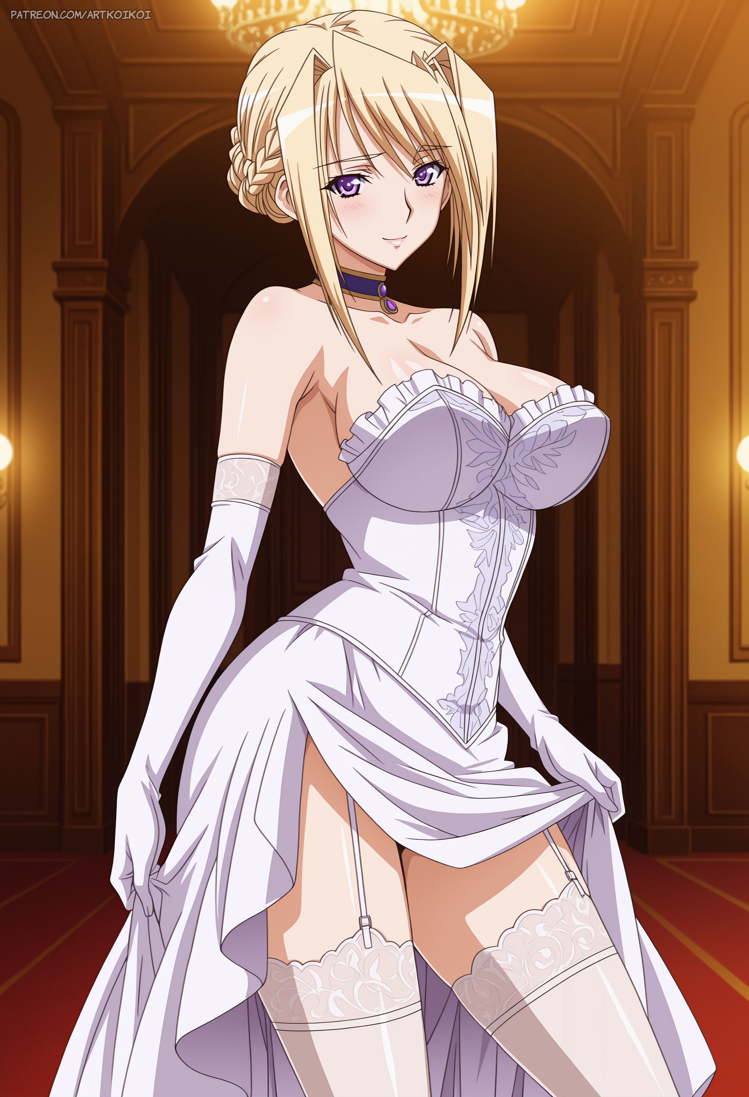 ai generated, artkoikoi, asian, asian female, big breasts, blonde hair, breasts, bridal gauntlets, bride, choker, cleavage, dress, elbow gloves, elegant, elegant dress, female, garter belt, garter straps, hair up, highres, hourglass figure, lifting skirt, looking at viewer, patreon, patreon username, princess lover, purple eyes, silvia van hossen, stockings, tied hair, wedding dress, wedding lingerie