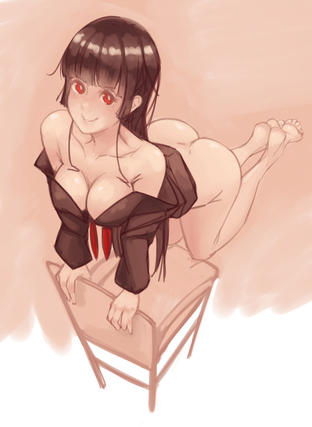 ass bare_shoulders barefoot bent_over black_hair bottomless breasts chair cleavage demstouts female hime_cut kanoe_yuuko long_hair looking_at_viewer red_eyes school_uniform smile solo tasogare_otome_x_amnesia