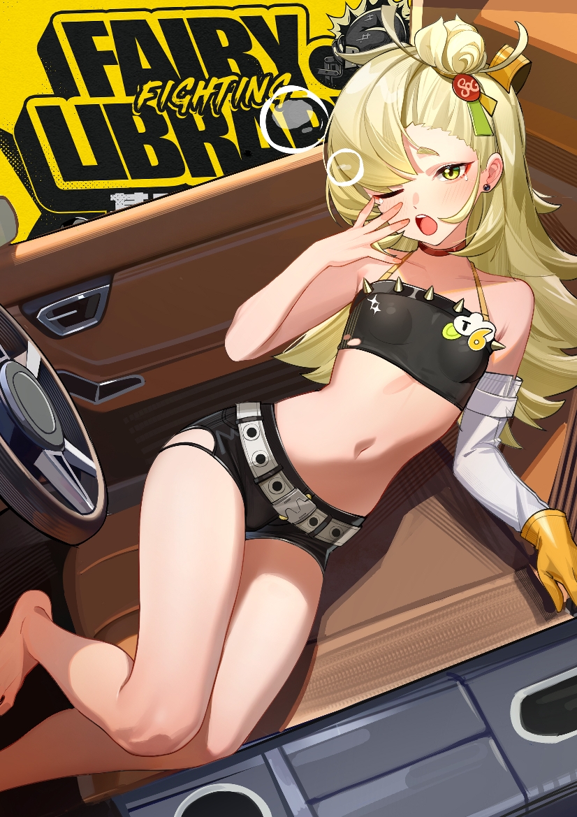 1girls, bandeau, bare legs, belt, black shorts, blonde hair, breasts, choker, collarbone, detached sleeves, female, female only, gloves, hair ornament, long hair, long sleeves, midriff, navel, one eye closed, open mouth, piper wheel, red choker, short shorts, shorts, single glove, single sleeve, small breasts, solo, stomach, white belt, white sleeves, yawning, yellow eyes, yellow gloves, yueyueyue yao, zenless zone zero
