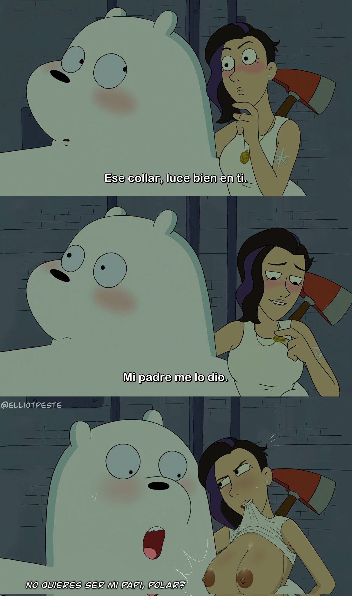 1boy, 1girls, bear, biting lip, black hair, blush, breasts, brown nipples, comic, earrings, elliotpeste, elpeste, erect nipples, female, fire axe, grabbing partner, holding necklace, holding object, ice bear, ice bear (we bare bears), large breasts, lifting shirt, looking at partner, male, necklace, nipples, purple hair, shirt lift, shocked, shocked expression, short hair, sidelocks, spanish dialogue, spanish text, tank top, tank top lift, two-tone hair, we bare bears, white tank top, yana (we bare bears)