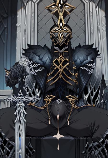 1boy ai_assisted ai_generated big_bulge big_penis black_coat black_gloves black_hair black_headwear black_jacket black_pants capitano_(genshin_impact) coat cum dripping_precum dripping_throught_pants faceless faceless_male fur_trim fur_trimmed_coat gauntlets genshin_impact gloves gold_trim greatsword hand_on_hilt hat high_collar huge_bulge ia_generated jacket long_hair long_sleeves male male_focus male_only mask open_zipper pants planted_grearsword_outdoor precum sitting solo throne weapon