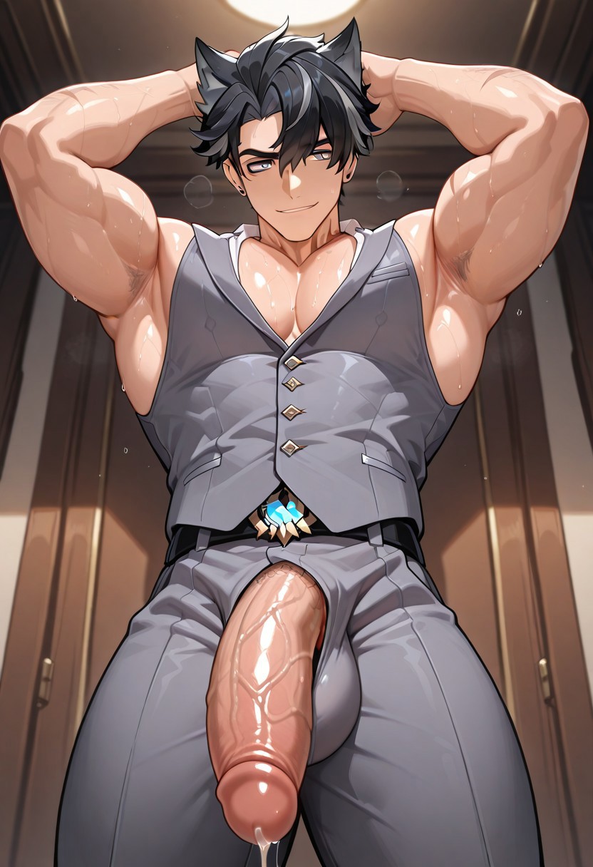 1boy, ai generated, big body, big cock, big penis, dripping, dripping cum, dripping precum, dripping wet, genshin impact, huge cock, looking at viewer, male, male only, mrcookie581, muscles, muscular, muscular male, open zipper, penis, penis out, penis out of pants, penis outline, solo male, wet, wet body, wet skin, wriothesley, wriothesley (genshin impact)