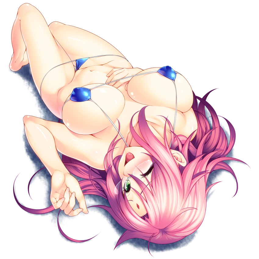 arahabaki nonko, bangs, bikini, blue bikini, blush, breasts, collarbone, erect nipples, facial mark, female, forehead mark, full body, green eyes, large breasts, long hair, looking at viewer, lying, micro bikini, navel, nipples, nose blush, on back, one eye closed, open mouth, parted bangs, pink hair, puffy nipples, smile, solo, stomach, swimsuit, upside-down, wardrobe malfunction, white background, yuragisou no yuuna-san