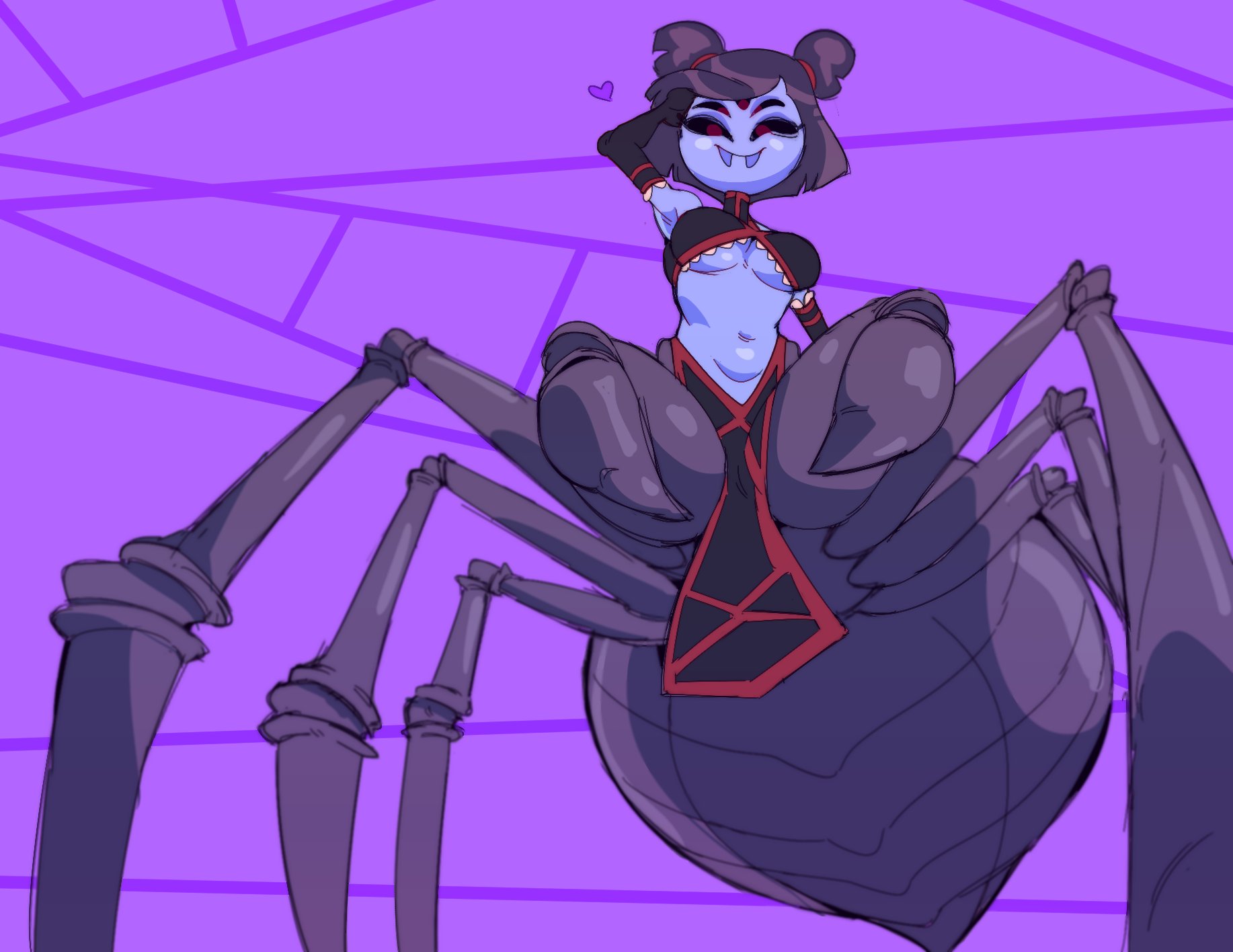 2022, 5 eyes, anthro, armpits, arms up, arthropod abdomen, big breasts, breasts, clothed, clothing, commission, drider, fangs, fangs out, female, gloves, gnausea, heart, low-angle view, monster girl, monster musume no iru nichijou, muffet, multi eye, rachnera arachnera, rachnera arachnera (cosplay), solo, solo female, spider fangs, spider girl, spider legs, spider web, tagme, thick thighs, tummy, underboob, undertale, undertale (series)