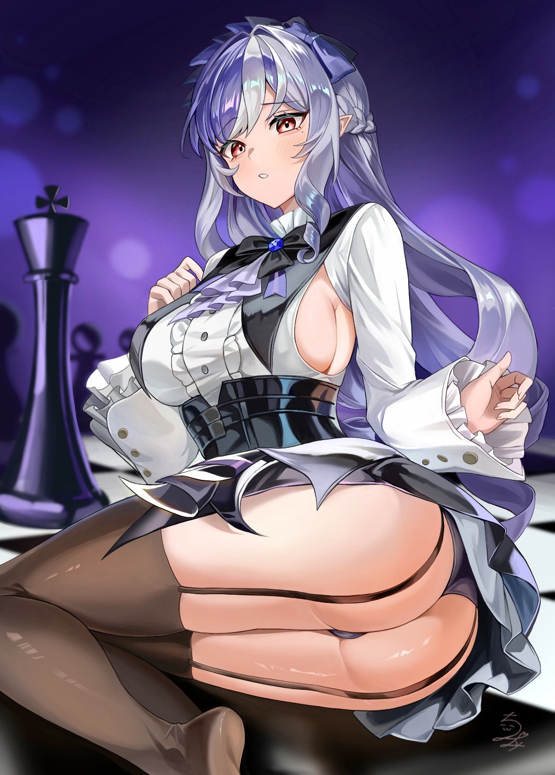 1girls, ass, black garter straps, black panties, black thighhighs, breasts, chess piece, chessboard, chinami (chinamin 02), commentary, dress, female, female only, garter straps, highres, large breasts, lying, mole, mole under eye, on side, oversized object, panties, parted lips, pointy ears, purple background, purple hair, red eyes, sideboob, solo, symbol-only commentary, thighhighs, underwear, vivian (zenless zone zero), vivian banshee, white dress, zenless zone zero
