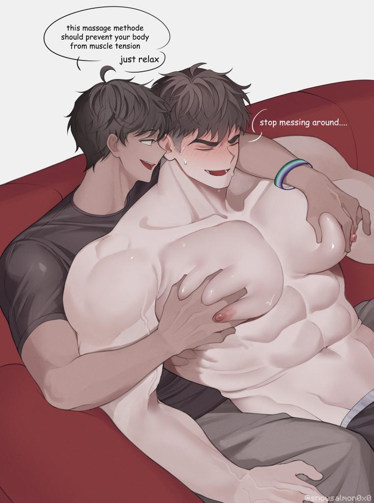 2boys, abs, ai assisted, bicep vein, biceps, black tshirt, blush, bo hwang (snowsalmon0x0), bracelet, brown hair, brown hair male, caring, dialogue, digital art, fingers sinking, gay, gay flag, gay male, groping, groping chest, laying together, male, mlm, mlm flag, muscles, muscular, muscular male, myeong jin (snowsalmon0x0), pec grab, pec squeeze, pec worship, pecs, pectorals, red couch, relaxing, shirtless, shoulder muscles, snowsalmon, sofa, soft muscle, soft pecs, sweat, sweatdrop, sweating, veins, vincian pride colors, yaoi