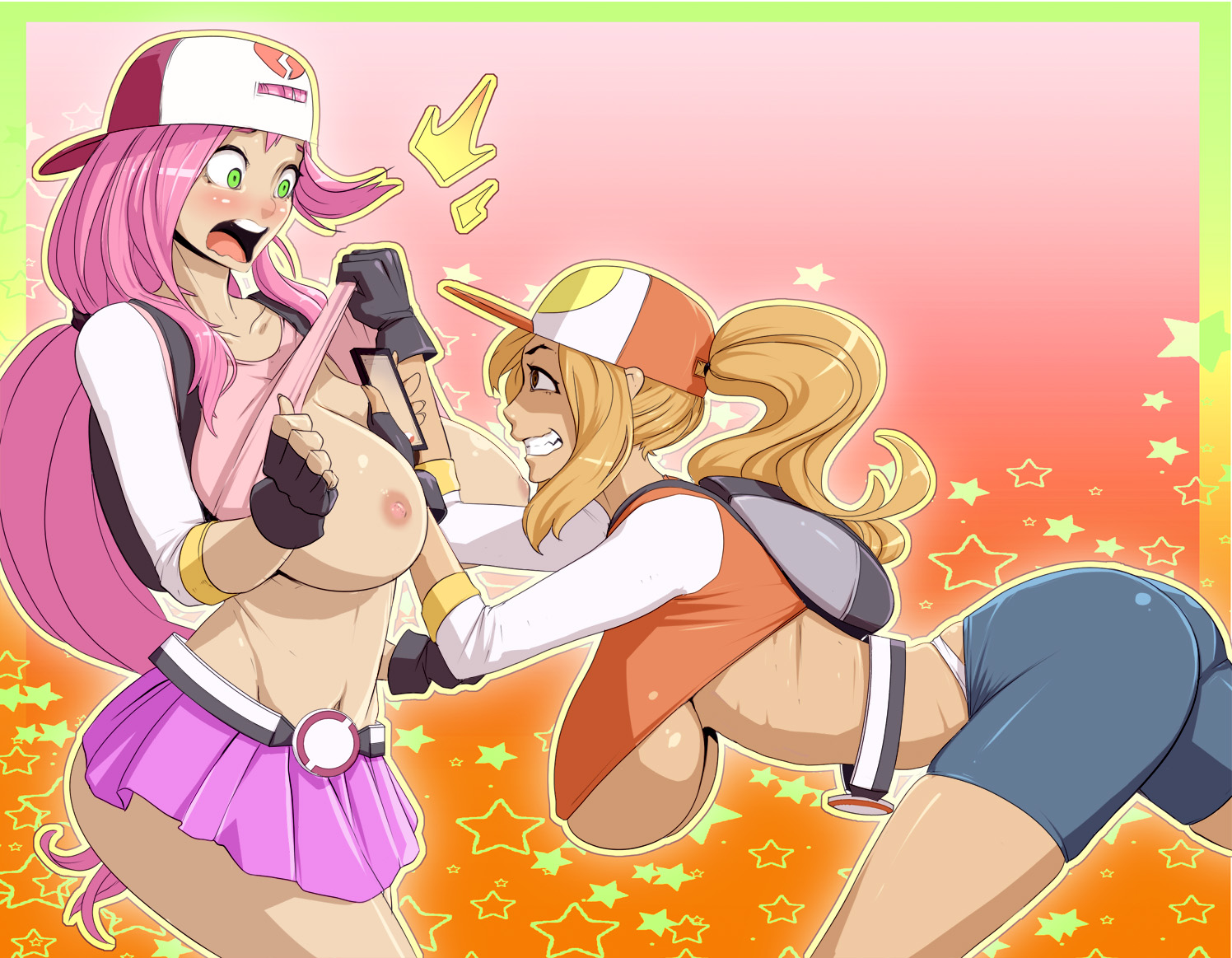 2girls, areolae, ass, ass hanging out, ass hanging out of skirt, assisted exposure, backpack, bag, baseball cap, belt, bent over, big breasts, blonde hair, blush, breasts, brown eyes, cellphone, clenched teeth, crop top, embarrassed, female, female only, female protagonist (pokemon go), fingerless gloves, gloves, green eyes, grin, hat, highleg, huge breasts, human, large breasts, long hair, materclaws, miniskirt, multiple females, multiple girls, navel, nintendo, nipples, no bra, open mouth, orange background, original character, panties, pink hair, pokemon, pokemon go, ponytail, shirt, shirt lift, short skirt, shorts, skirt, smile, teeth, tied hair, tongue, underboob, underwear, very long hair, wide-eyed, yuri