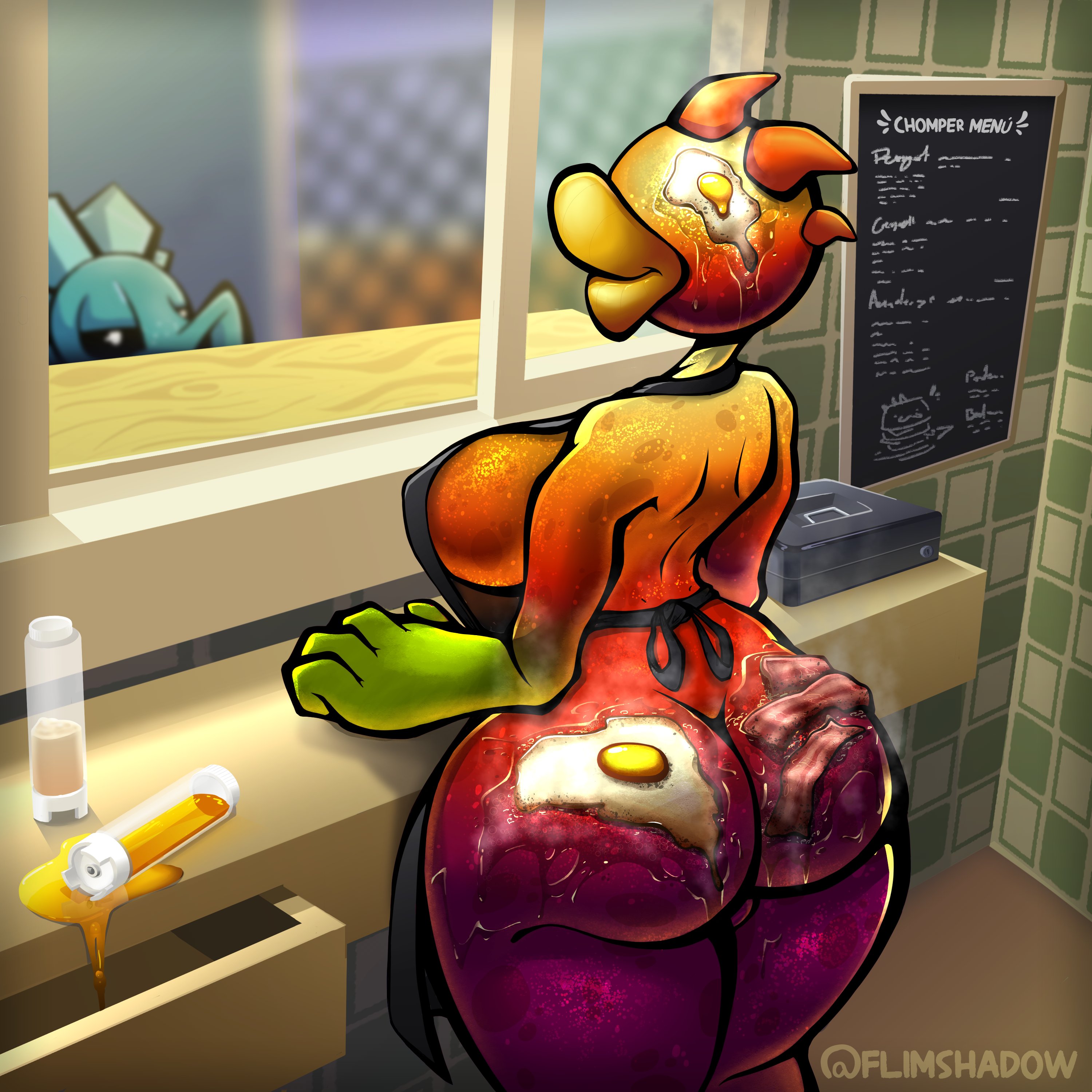 1girls, anthro, anthrofied, apron, ass, ass focus, bacon, big breasts, breasts, chomper (pvz), cooking, egg, eggs, female, fire, fire chomper (pvz), flimshadow, flora fauna, food, food on ass, food on body, food play, peashooter (pvz), plant, plant girl, plant humanoid, plantie, plants vs zombies, plants vs zombies: garden warfare, plants vs. zombies, popcap games, pussy, snow pea (pvz)