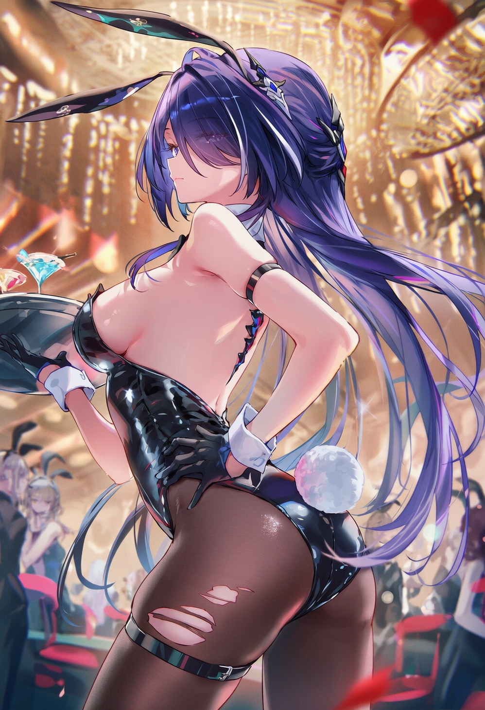 acheron (honkai: star rail), ai generated, bunny ears, bunny girl, bunny tail, bunnysuit, casino, female, female , female focus, female only, honkai: star rail, purple hair, raaicave, waitress