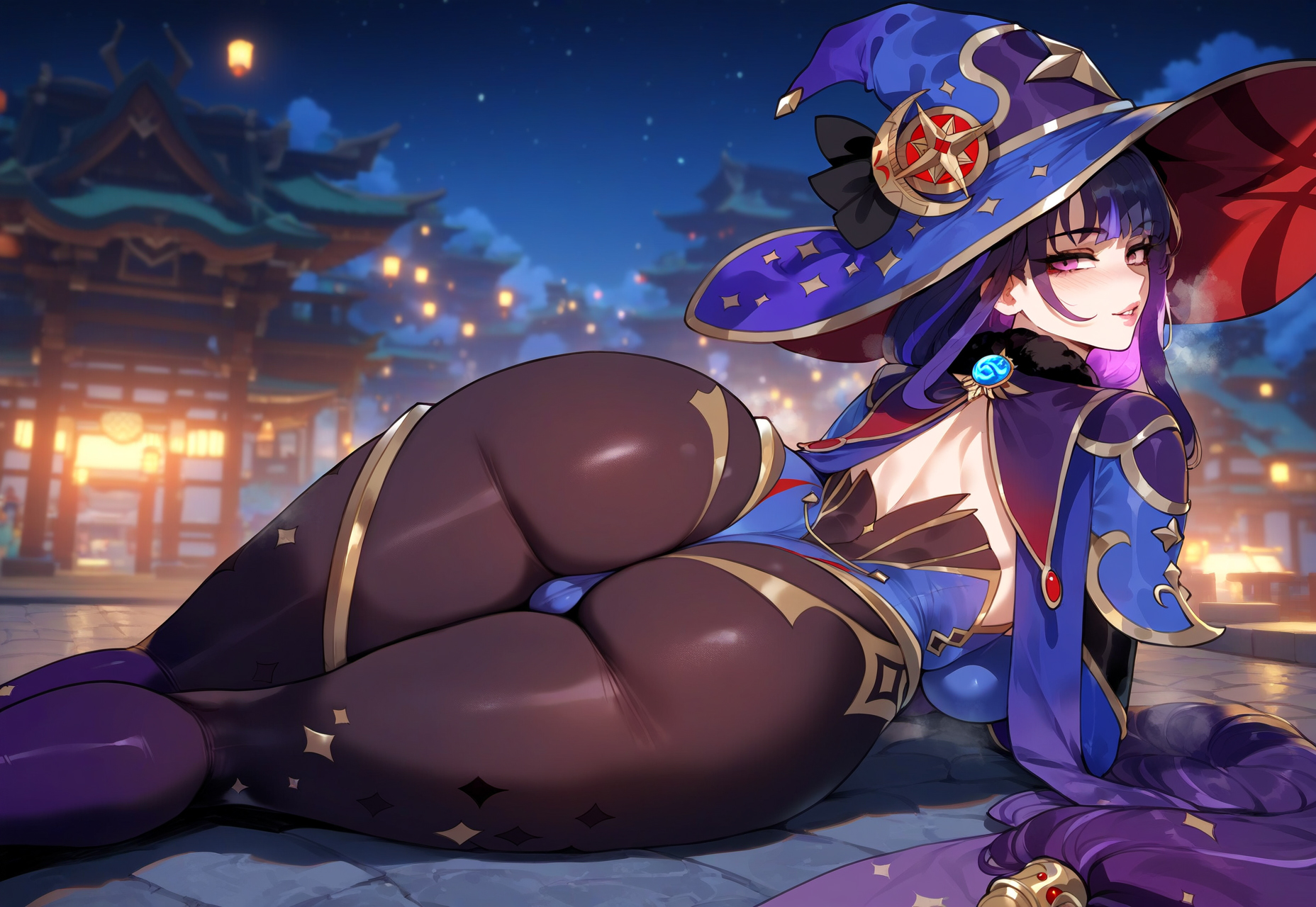 1girls, ai generated, ass, ass focus, back, bangs, black legwear, black pantyhose, blue headwear, blue leotard, blush, bodysuit, braid, breasts, brown pantyhose, cameltoe, clothing, cosplay, curvaceous, curvaceous female, curvaceous figure, curvy, curvy figure, earrings, female, female focus, female only, from behind, fur collar, genshin impact, gloves, gold trim, hair ornament, hat, hat ornament, headwear, highleg, highleg leotard, hoyoverse, huge ass, indoors, inviting, inviting to sex, jewelry, large ass, large breasts, legwear, leotard, lips, long hair, looking at viewer, looking back, lying, medium breasts, miyuai, mona (genshin impact), mona (genshin impact) (cosplay), moon, night, night sky, on stomach, outdoors, pantyhose, parted lips, presenting, presenting ass, presenting hindquarters, presenting self, purple eyes, purple hair, purple headwear, pussy, raiden shogun, seductive, seductive look, seductive smile, sideboob, sitting, sky, smile, solo, spellcaster, star (sky), thick thighs, thighlet, thighs, very long hair, vision (genshin impact), voluptuous, voluptuous female, witch, witch hat