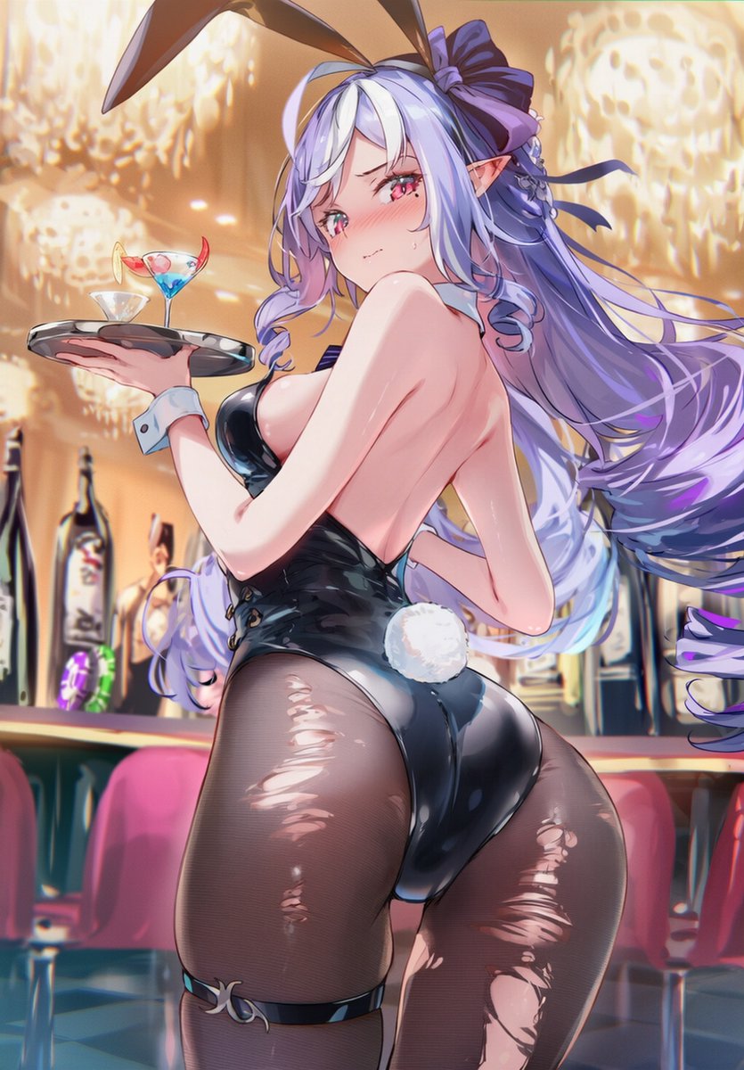 ai generated, alcohol, ass, ass focus, back view, bartender, big ass, bunny ears, bunny girl, bunny tail, bunnysuit, casino, embarrassed female, female, female focus, female only, purple hair, raaicave, vivian (zenless zone zero), vivian banshee, waitress, zenless zone zero