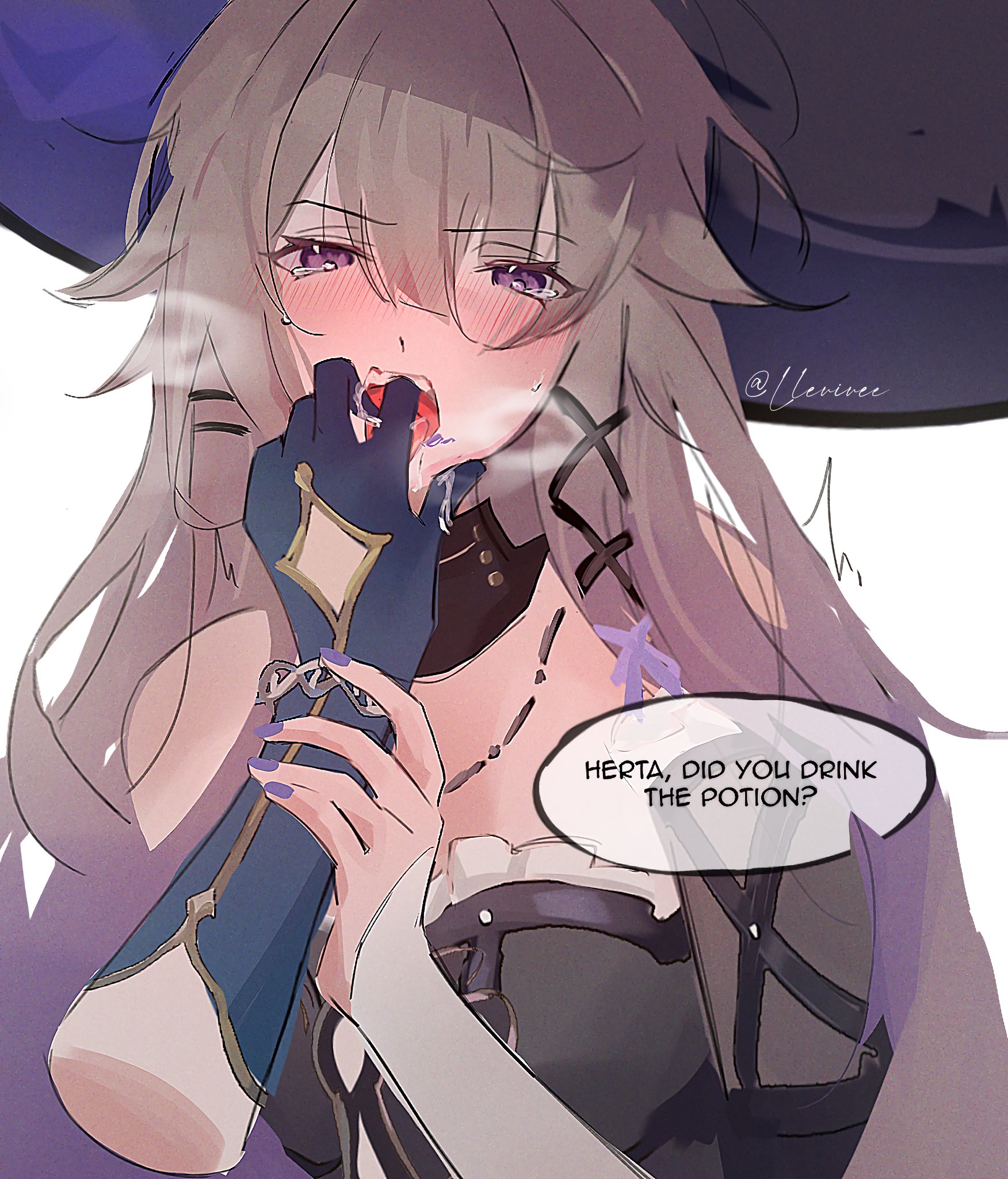 2girls, female, fingers in mouth, fully clothed, hands in mouth, herta (honkai: star rail), highres, honkai (series), honkai: star rail, mihoyo, ruan mei (honkai: star rail), saliva, saliva drip, text, the herta (honkai: star rail), yuri