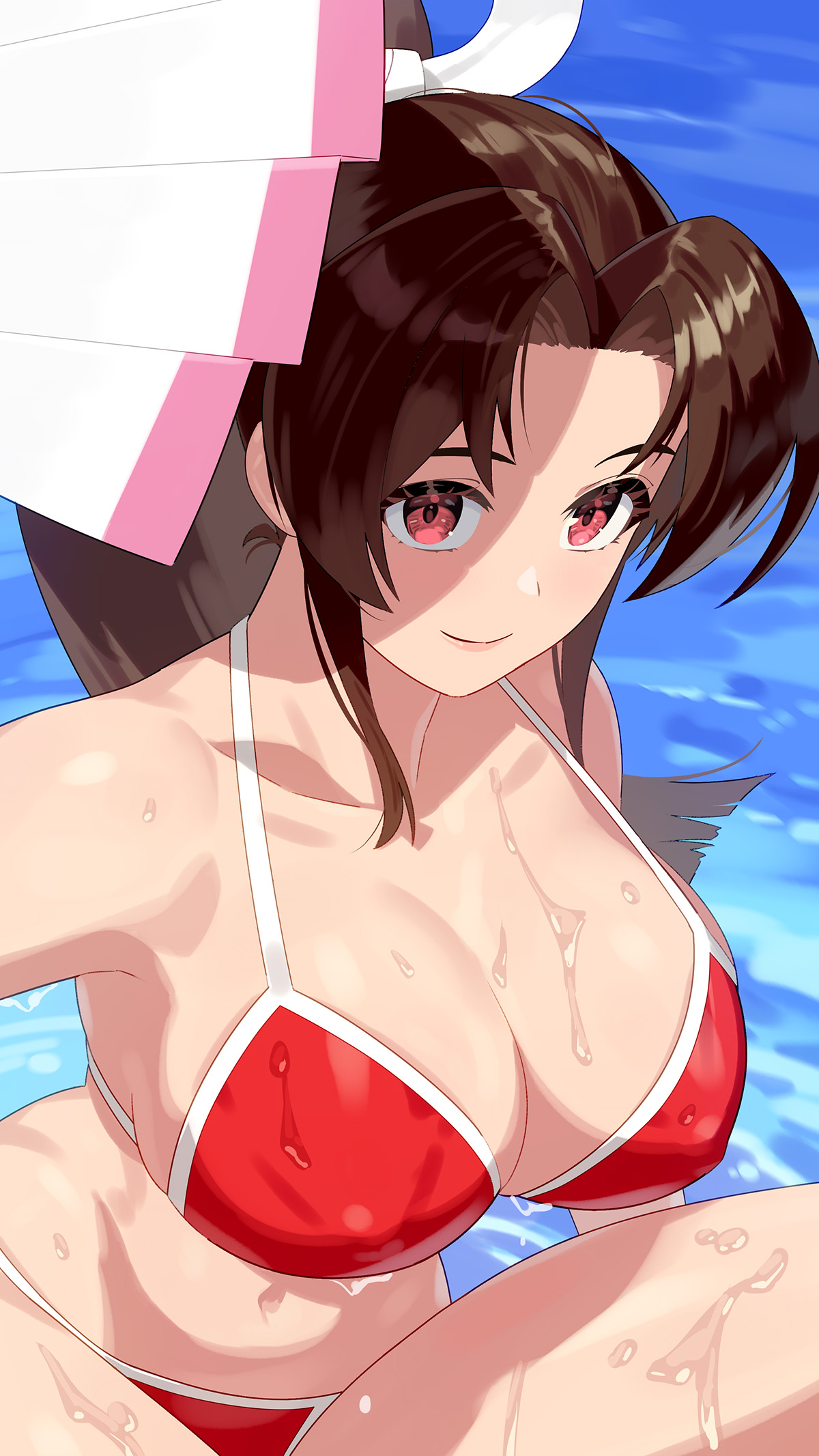 1girls, bare shoulders, bikini, breasts, brown eyes, brown hair, cleavage, closed mouth, fatal fury, female, folding fan, hand fan, high ponytail, highres, holding, holding fan, king of fighters, large breasts, long hair, looking at viewer, mai shiranui, navel, ponytail, red bikini, smile, snk, solo, stomach, swimsuit, the king of fighters, thighs, water, wet, yagi2105