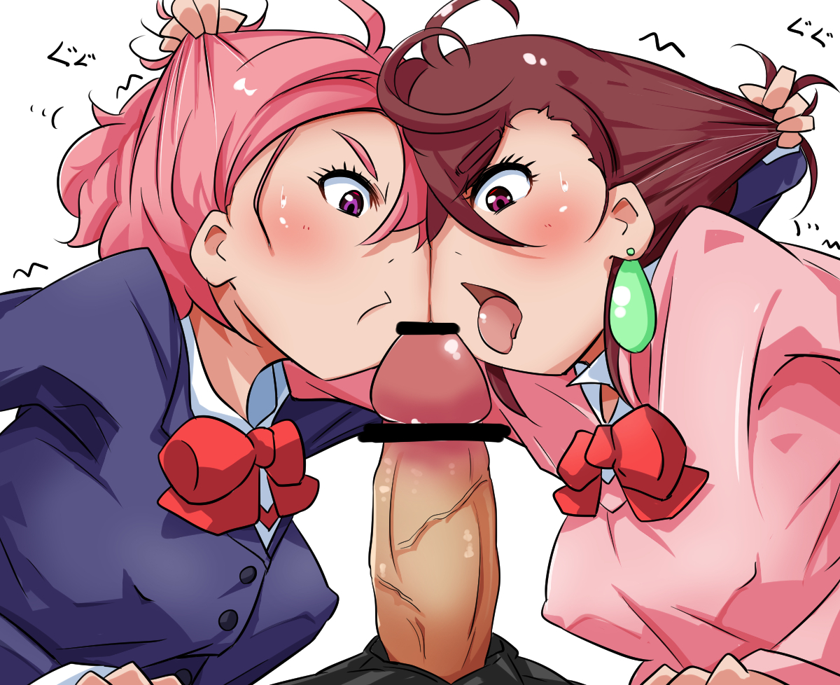 1boy, 2girls, attempted blowjob, ayase momo, black hair, black-haired male, brown hair, brown-haired female, catfight, censored, competition, dandadan, disembodied penis, female, fighting, fighting over boy, fighting over viewer, hairpulling, male, offscreen male, open mouth, penis, pink hair, pink-haired female, pulling hair, sexfight, shiratori aira (dandadan), sweat, takakura ken (okarun), threesome, tongue, tongue out, white background
