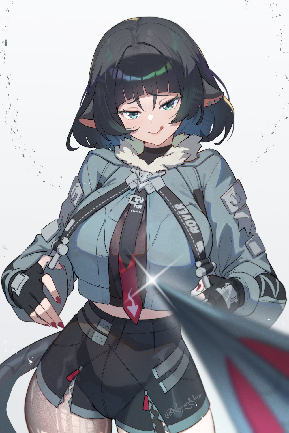 animal_ears belt black_gloves black_hair black_shirt black_shorts breasts brown_pantyhose female fingerless_gloves fur-trimmed_jacket fur_trim gloves grey_eyes grey_jacket high-waist_shorts highres jacket jane_doe_(zenless_zone_zero) large_breasts licking_lips long_hair long_sleeves looking_at_viewer mouse_ears mouse_girl mouse_tail necktie pantyhose raijuu_(bakanara) shirt shorts single_leg_pantyhose smile solo tail thighs tongue tongue_out zenless_zone_zero