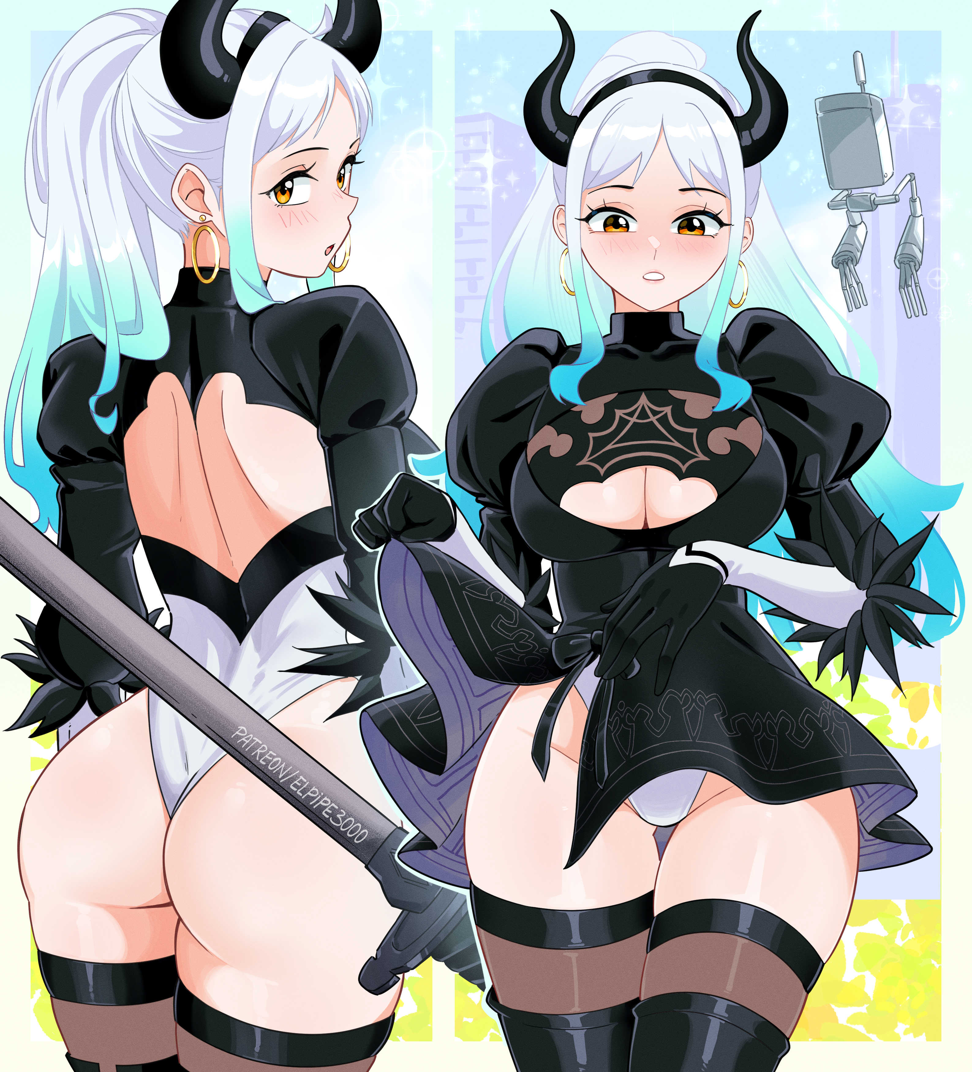 1girls, ass, big ass, big breasts, black leotard, blue hair, breasts, bubble ass, bubble butt, cleavage, clothing, cosplay, elpipe3000, female, female only, large breasts, leotard, long hair, multicolored hair, multicolored leotard, nier, nier (series), nier: automata, one piece, ponytail, teal hair, toei animation, two-tone hair, white hair, white leotard, white-haired female, yamato (one piece), yellow eyes, yorha 2b (cosplay)