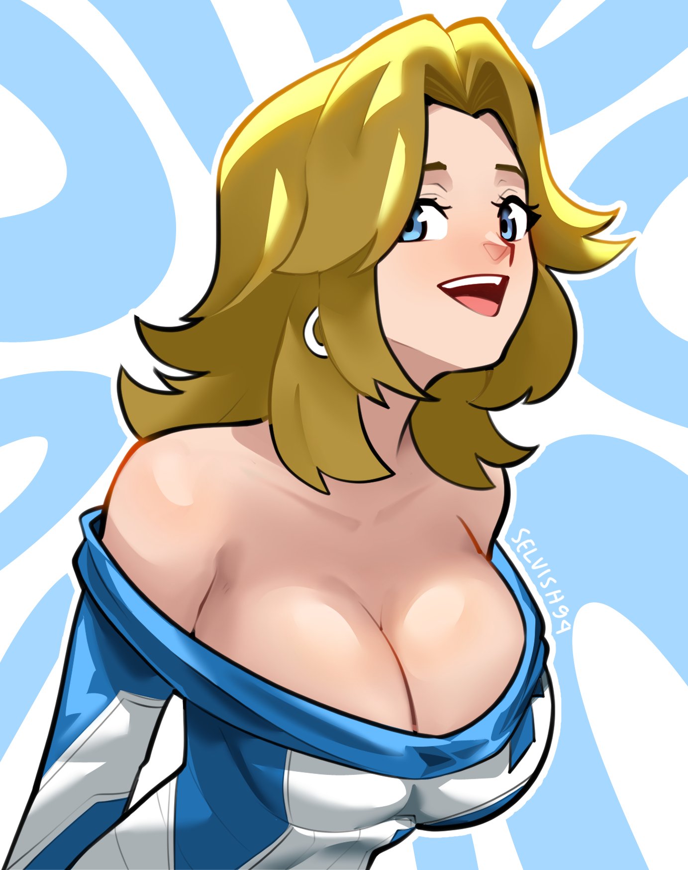 1girls, 2d, big breasts, blonde hair, breasts, cleavage, clothed, clothed female, fantastic four, female, female only, invisible woman, invisible woman (marvel rivals), marvel, marvel comics, marvel rivals, selvish94, smile, sue storm