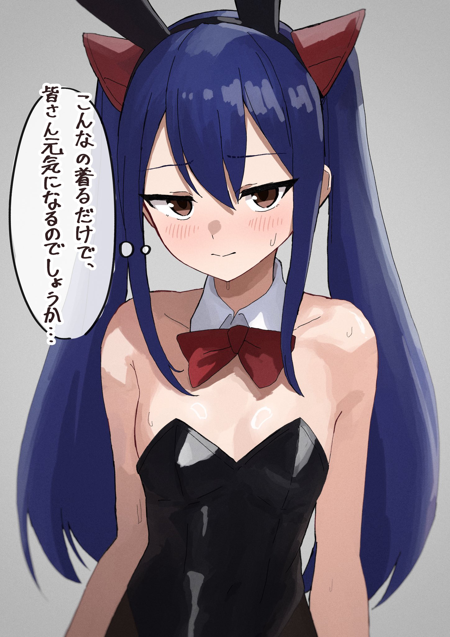 1girls, bare arms, bare shoulders, blue hair, blush, bowtie, bunny ears, bunny girl, bunnysuit, collar, dialogue, dress, fairy tail, female, female focus, female only, flat chest, flat chested, hair ornament, hairband, hairclip, hi res, high resolution, highres, japanese text, light skin, light-skinned female, long hair, looking at viewer, narrowed eyes, no bra, pale skin, pale-skinned female, petite, pigtails, skimpy, skimpy clothes, skimpy dress, sleeveless, sleeveless dress, speech bubble, sweat, sweatdrop, teenage female, teenager, text, tori no shigure ni, translation request, twintails, underdeveloped teen, very high resolution, wendy marvell