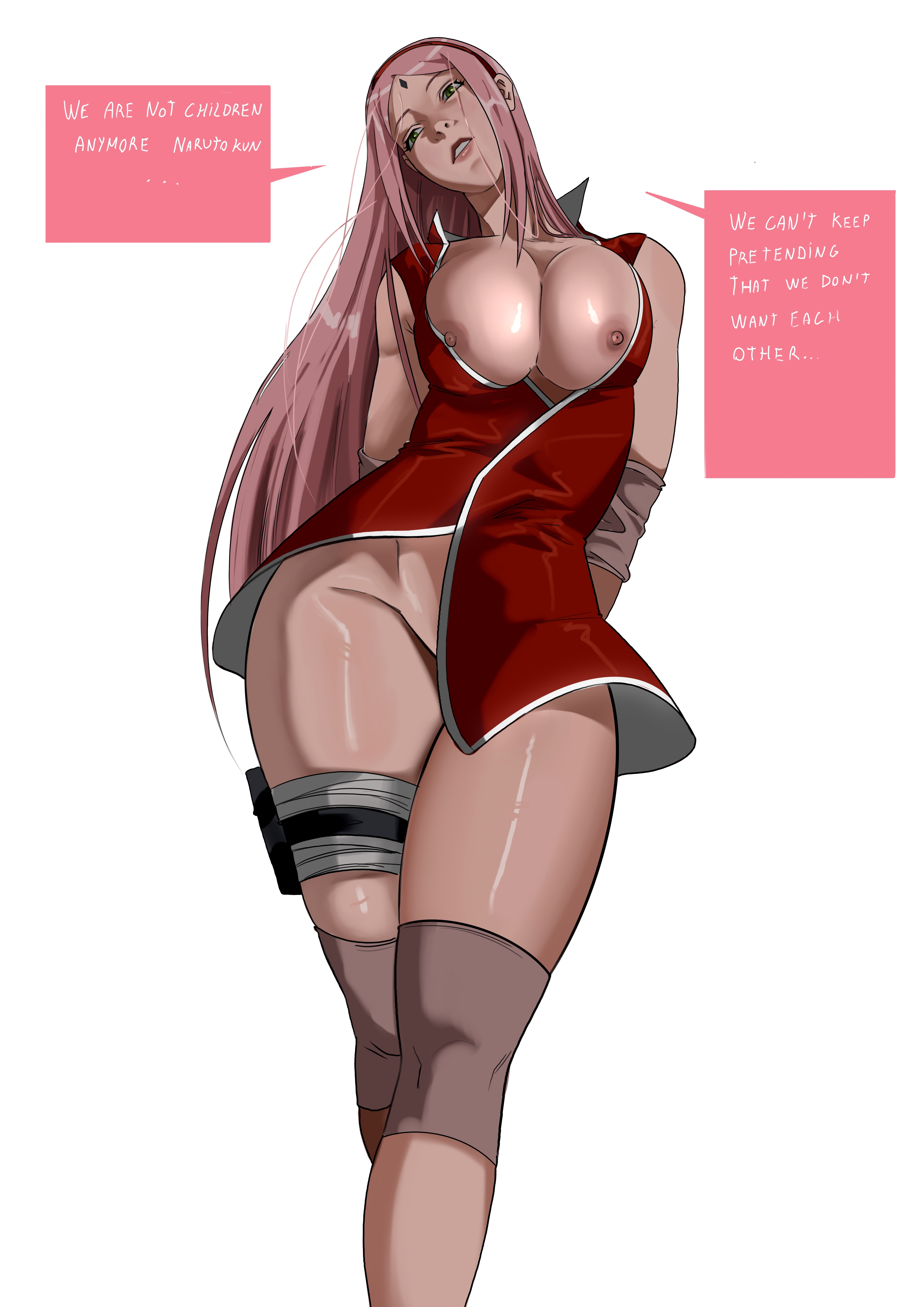1girls, absurd res, alternate hairstyle, arms behind back, ass, big ass, big breasts, blush, blush lines, blushing at viewer, boruto: naruto next generations, breasts, cameltoe, china dress, chinese clothes, cleavage, cleavage cutout, curvaceous, curvaceous ass, curvaceous body, curvaceous female, curvaceous figure, curvaceous hips, curvaceous thighs, curvy, curvy body, curvy female, curvy figure, curvy hips, curvy thighs, dabumart, dress pull, elbow pads, english text, erect nipples, female, female focus, female only, forehead gem, forehead jewel, forehead mark, green eyes, high resolution, highres, knee pads, large ass, looking at viewer, mature, mature female, medium breasts, naruto, naruto (series), naruto: the last, nipples, no bra, pink hair, pinup, puffy areola, puffy nipples, pulled by self, pussy, sakura haruno, simple background, smirk, smirking, solo, solo female, solo focus, speech bubble, sweat, sweatdrop, sweaty, sweaty breasts, tagme, text, thick, thick ass, thick butt, thick hips, thick legs, thick thighs, thigh gap, thighs, toned, toned female, topless, unbuttoned, uncensored, undressing, very long hair, voluptuous, voluptuous female, waifu, white background