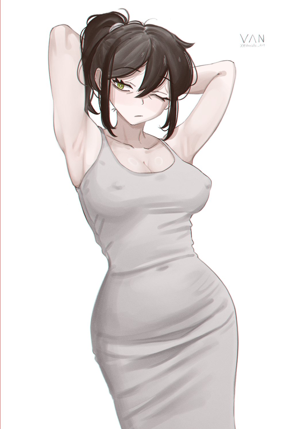 1girls, armpit, armpits, arms up, big breasts, black hair, breasts, busty, casual clothes, clothed, dark hair, dongtan dress, female, female focus, goth, goth girl, green eyes, hips, huge breasts, large breasts, light skin, light-skinned female, milf, mother, nipple bulge, nipples bulge, older female, pale skin, pale-skinned female, renee graves, the coffin of andy and leyley, vaniste