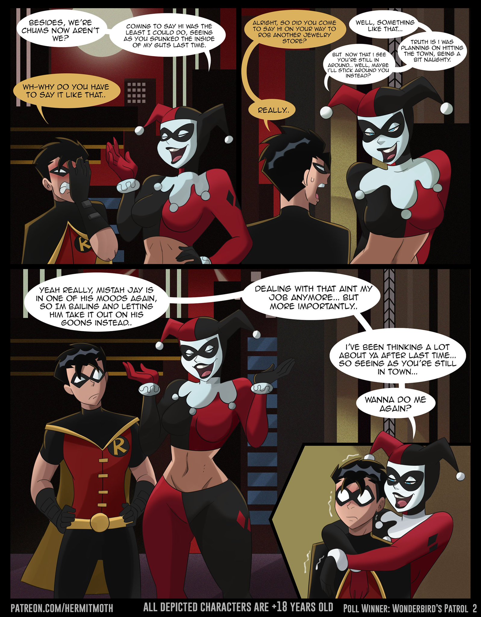 1boy, 1girls, ass, batman (series), batman: the animated series, big ass, big breasts, breasts, bust, busty, chest, curvaceous, curvy, curvy figure, dc animated universe, dc comics, dick grayson, digital media (artwork), enemies, enemies with benefits, female, harleen quinzel, harley quinn, harley quinn (classic), harley quinn (dcau), hermitmoth, hero and villain, hero and villainess, hips, hourglass figure, huge ass, huge breasts, large ass, large breasts, legs, light skin, light-skinned male, male, male/female, mature, mature female, older female, robin (dc), robin (dick grayson), slim waist, straight, teen titans, the new batman adventures, thick, thick hips, thick legs, thick thighs, thighs, voluptuous, waist, wide hips, younger male