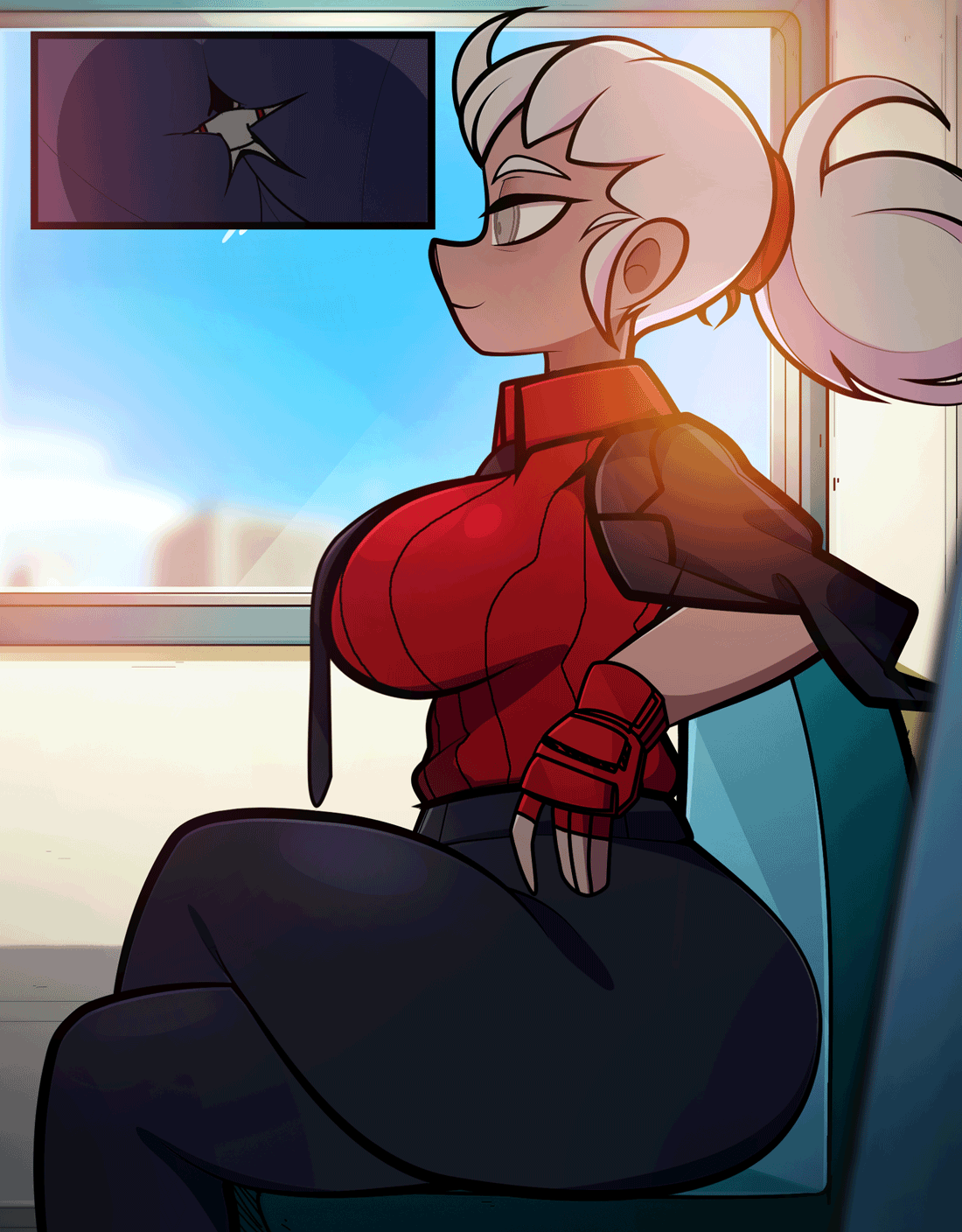 1boy, 1girls, animated, arkeus, ass, big ass, big breasts, blind, breasts, clothed, clothing, crossed legs, eyebrows, eyelashes, female, gloves, grey eyes, helltaker, huge ass, justice (helltaker), large ass, large breasts, moving, moving breasts, pants, shirt, shrunken male, side view, sitting, sitting on person, size difference, smaller male, thick thighs, thighs, tie, tied hair, trapped, trapped under ass, white hair