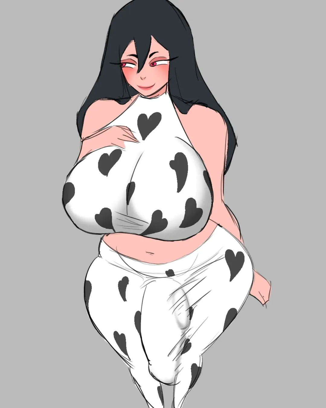 1futa, biancalife, breasts, bulge, bulge down leg, bulge through clothing, chubby, chubby futa, futanari, grey background, huge breasts, intersex, light skin, light-skinned futa, penis, penis outline, simple background, solo, tagme
