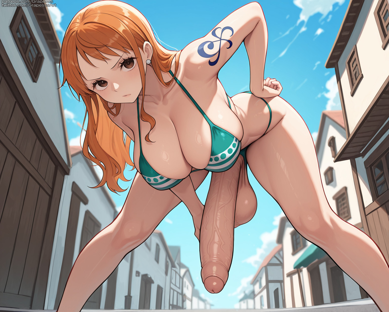 1futa, ai generated, bikini, futa only, futanari, grapesss, intersex, light skin, light-skinned futa, nami (one piece), one piece, penis, penis to the knees, solo futa