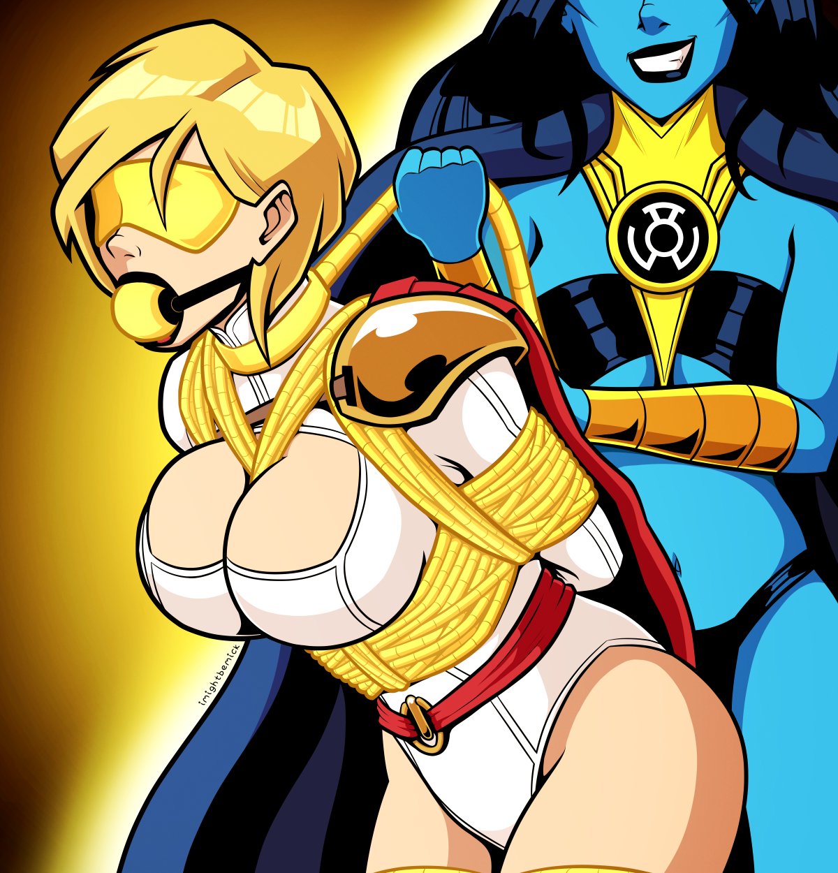 2girls, alien, alien girl, alien humanoid, ball gag, big breasts, black hair, blindfold, blindfolded, blonde, blonde female, blonde hair, blonde-haired female, blue body, blue skin, bondage, breasts, clothed, clothing, dc, dc comics, female, gag, gagged, green lantern (series), imightbemick, light skin, light-skinned female, lyssa drak, power girl, sinestro corps, superman (series), tagme, tied up, yellow lantern, yuri