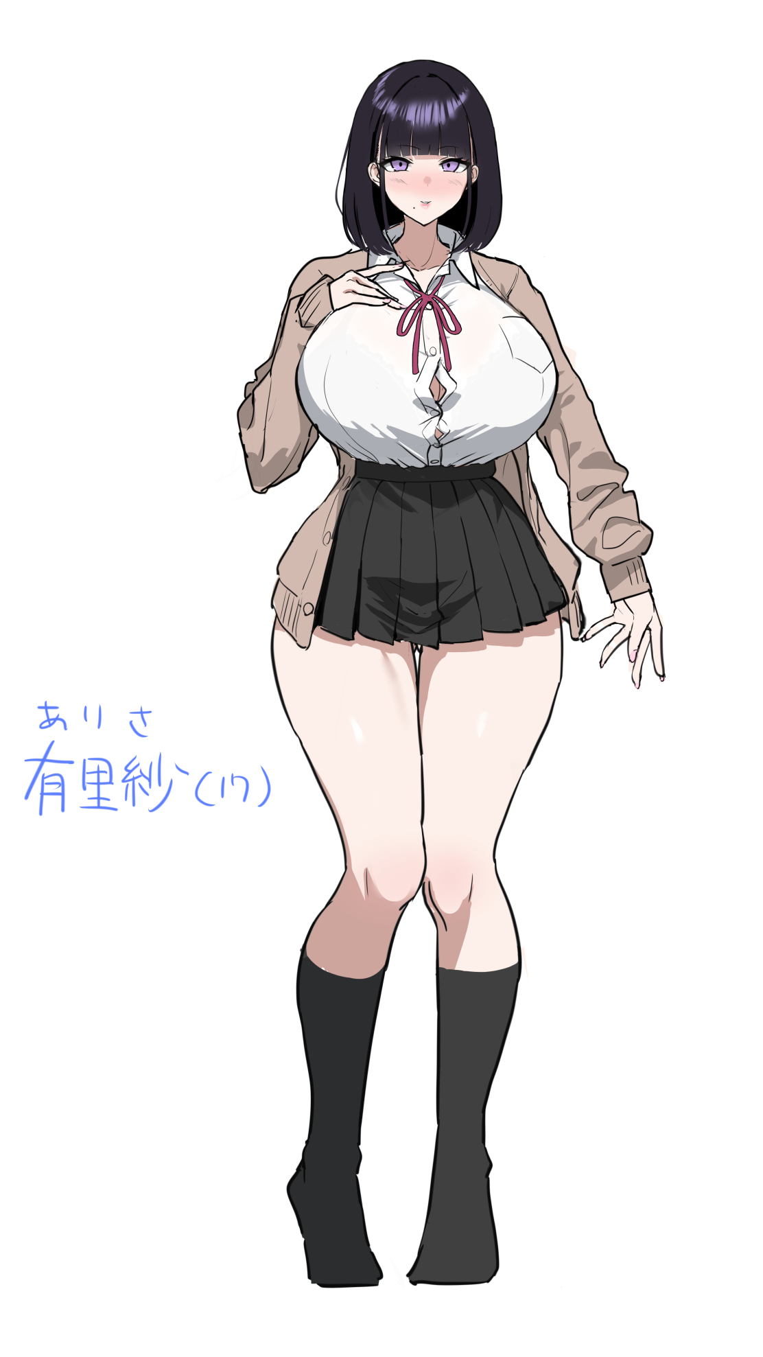 1girls, big breasts, black hair, black legwear, breasts, female, female only, fully clothed, hi res, highres, huge breasts, miniskirt, nanae, no shoes, purple eyes, school uniform, schoolgirl, schoolgirl uniform, short skirt, skirt, thicc thighs, white shirt
