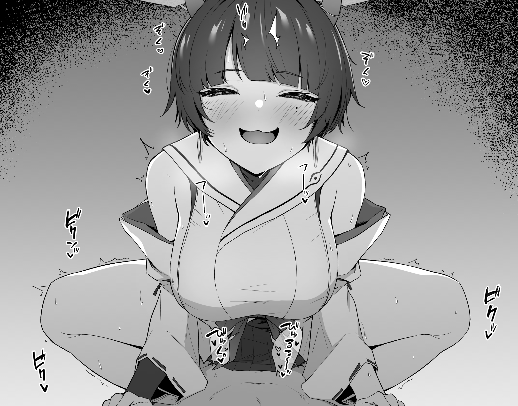1boy, blue archive, cowgirl position, female, greyscale, heart, highres, japanese clothes, kimono, male, monochrome, niya (blue archive), pov, sex, sideless kimono, sleeveless, sleeveless kimono, straddling, straight, tennen inari, translation request