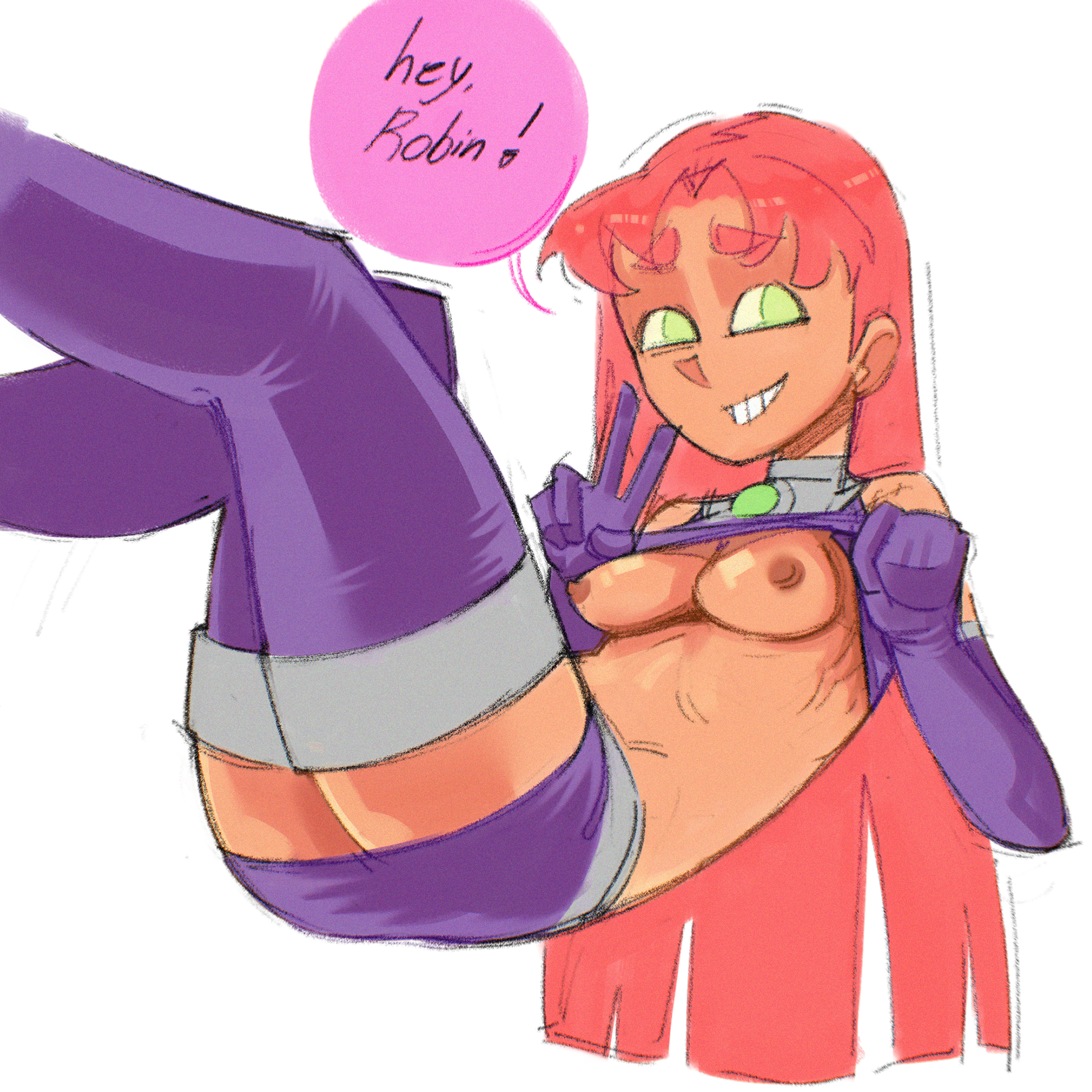 1girls, 2d, 2d (artwork), alien girl, areolae, ass, belly, boots, breasts, breasts out, clothes, clothing, dc, dc comics, english text, exposed, exposed breasts, female, flashing, footwear, gloves, green eyes, legwear, medium breasts, miniskirt, nipples, no bra, orange skin, purple clothing, purple thighhighs, red hair, shirt lift, shoes, showing breasts, skuunk02, solo, starfire, starfire (teen titans), teen titans, thighhigh boots, thighhighs, thighs