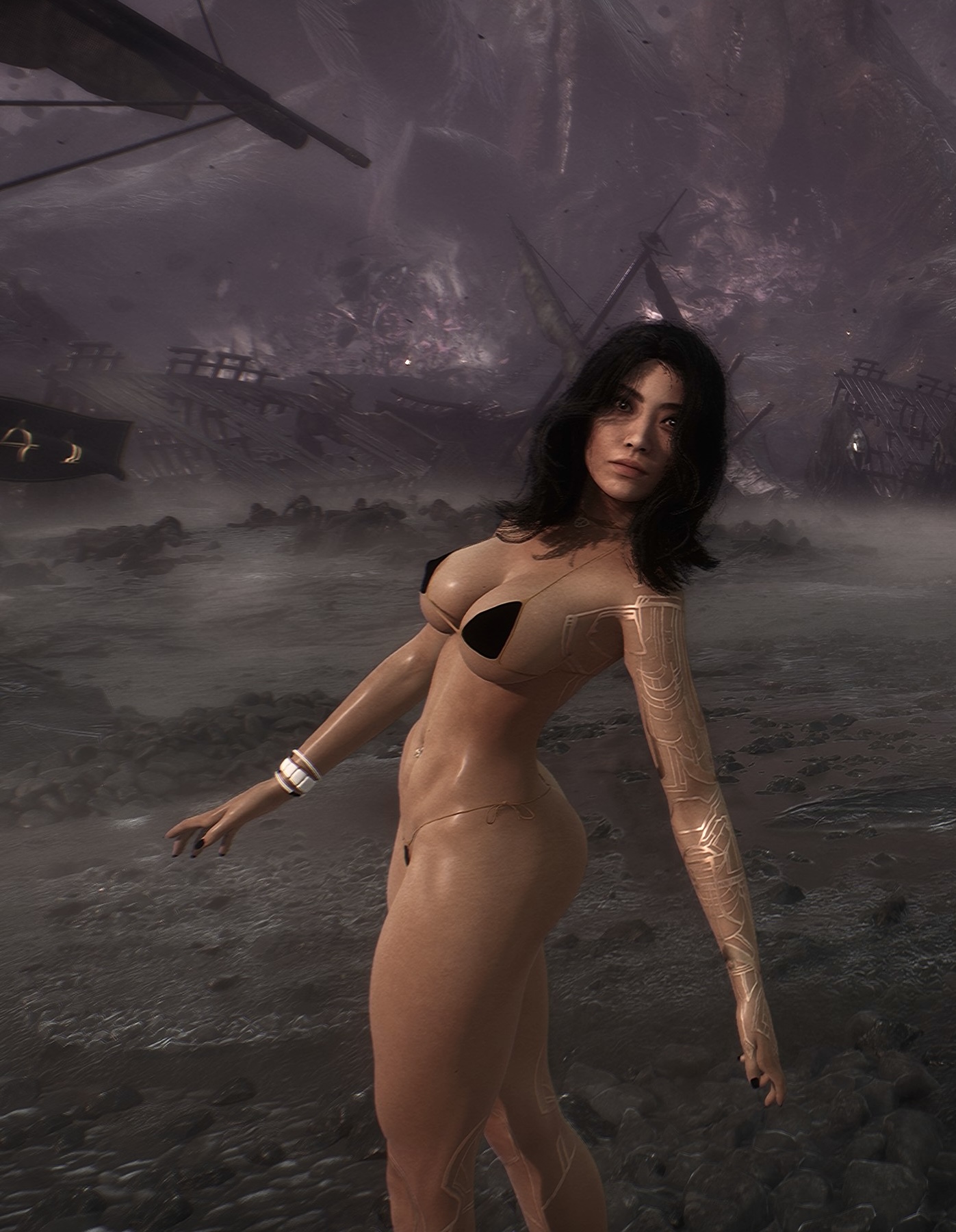 artist request, asian female, bikini, black hair, breasts, clair obscur: expedition 33, face tattoo, female, female only, lune (clair obscur: expedition 33), mod, modding (gaming), screencap, string bikini, tattoo