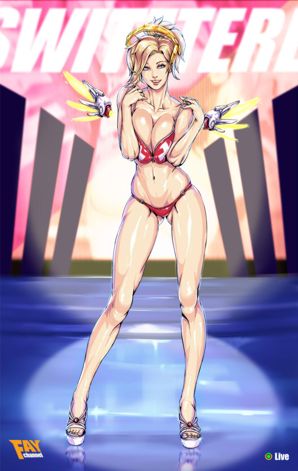 big_breasts bikini blonde_hair blue_eyes bra breasts cleavage european faymantra female female_only flag_bikini large_breasts looking_at_viewer mercy national_personification overwatch panties solo swiss swiss_flag switzerland