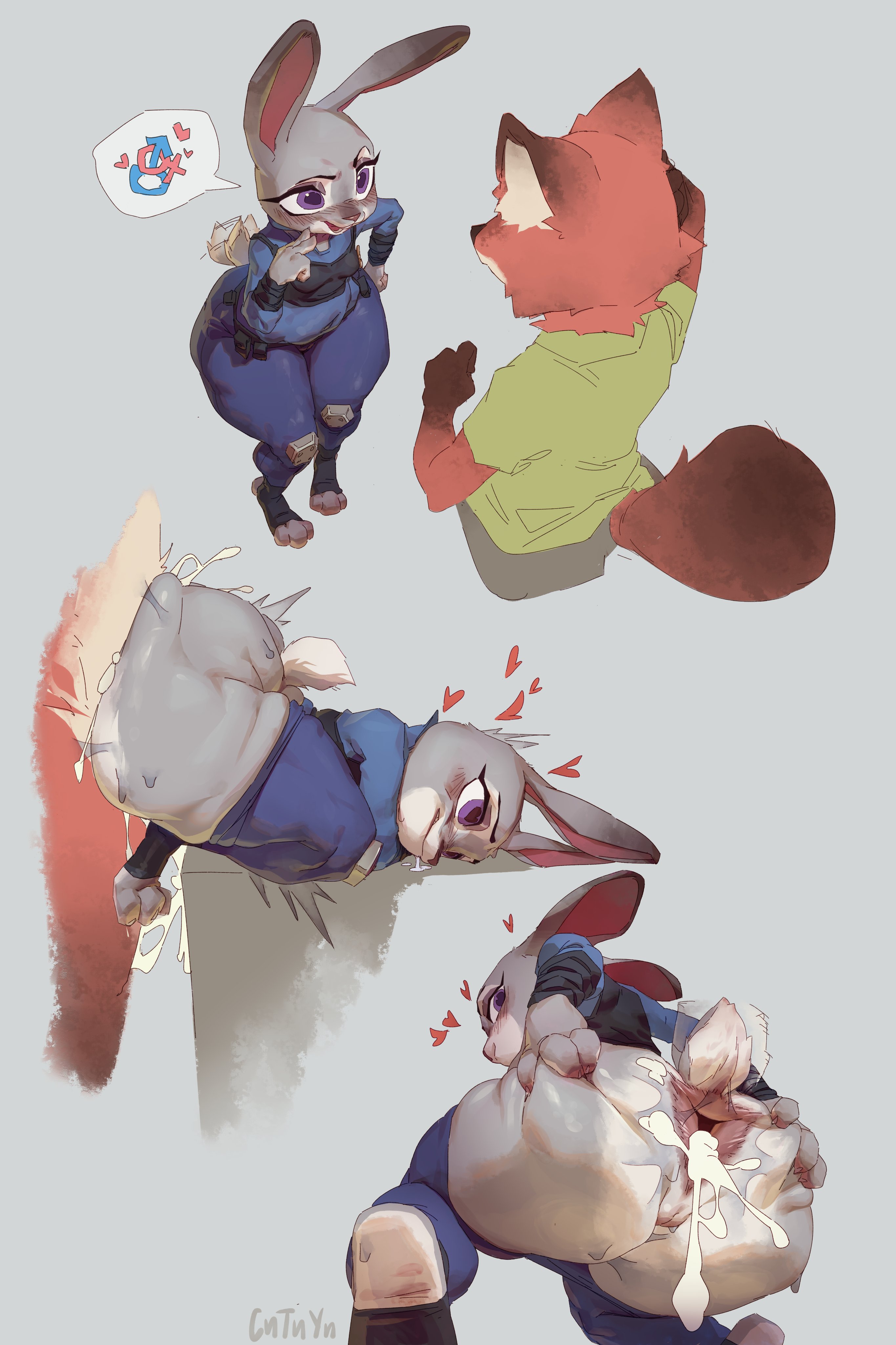 1boy, 1girls, after anal, after sex, anal, anal sex, anthro, anthro on anthro, anus, ass, ass focus, big ass, big butt, bubble ass, bubble butt, cha tuo yan, cum, cum in ass, cum inside, female, furry, furry only, grey fur, judy hopps, large ass, large butt, male, nick wilde, shangtou, zootopia