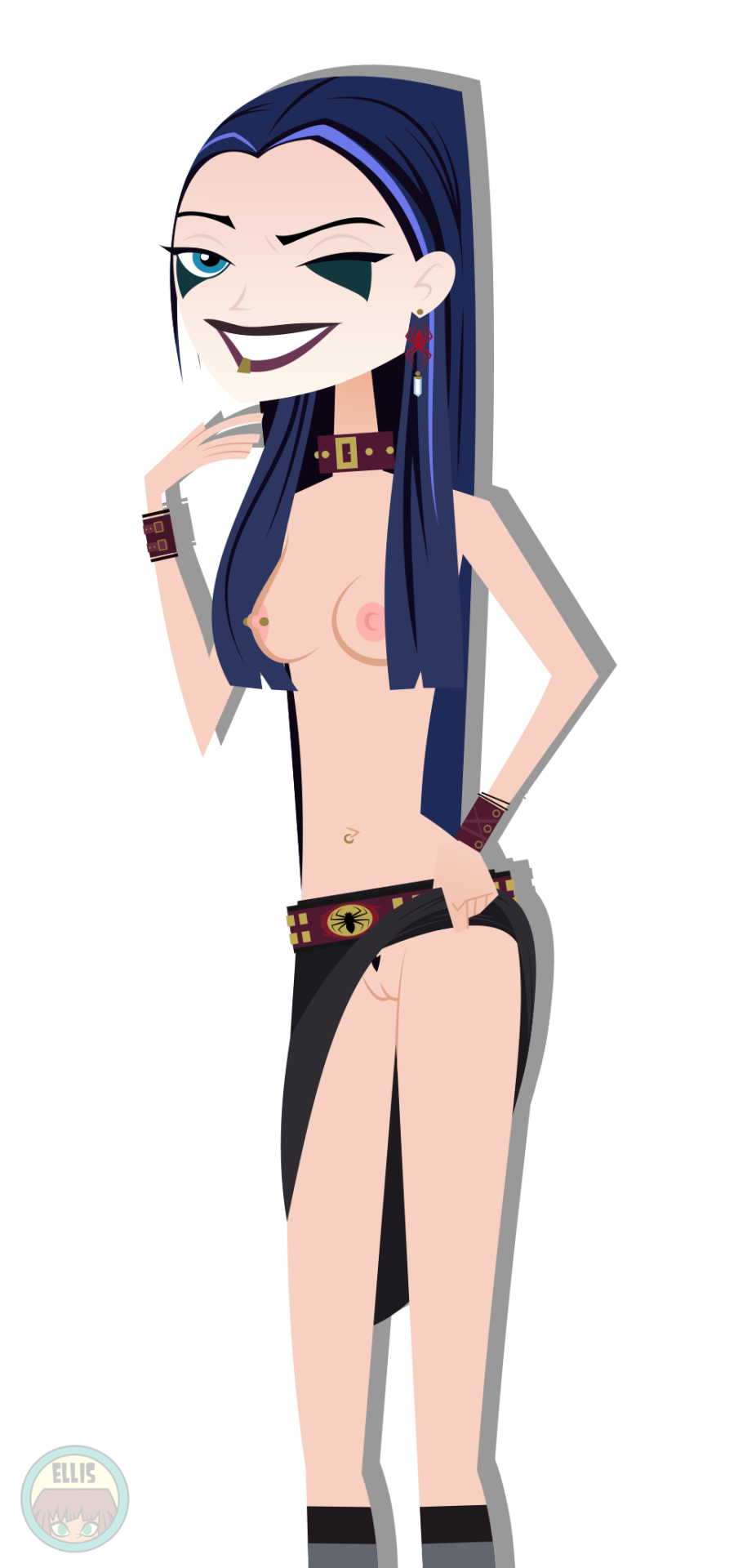 6teen accurate_art_style alternate_costume alternate_persona blue_eyes blue_hair breasts choker earrings ellissummer female female_only female_pubic_hair goth jewelry lip_piercing long_hair mascara medium_breasts navel_piercing nebula_(6teen) nipple_piercing nipples nopan on_model purple_lipstick skirt_lift smile spider starr_(6teen) topless topless_female vagina wink